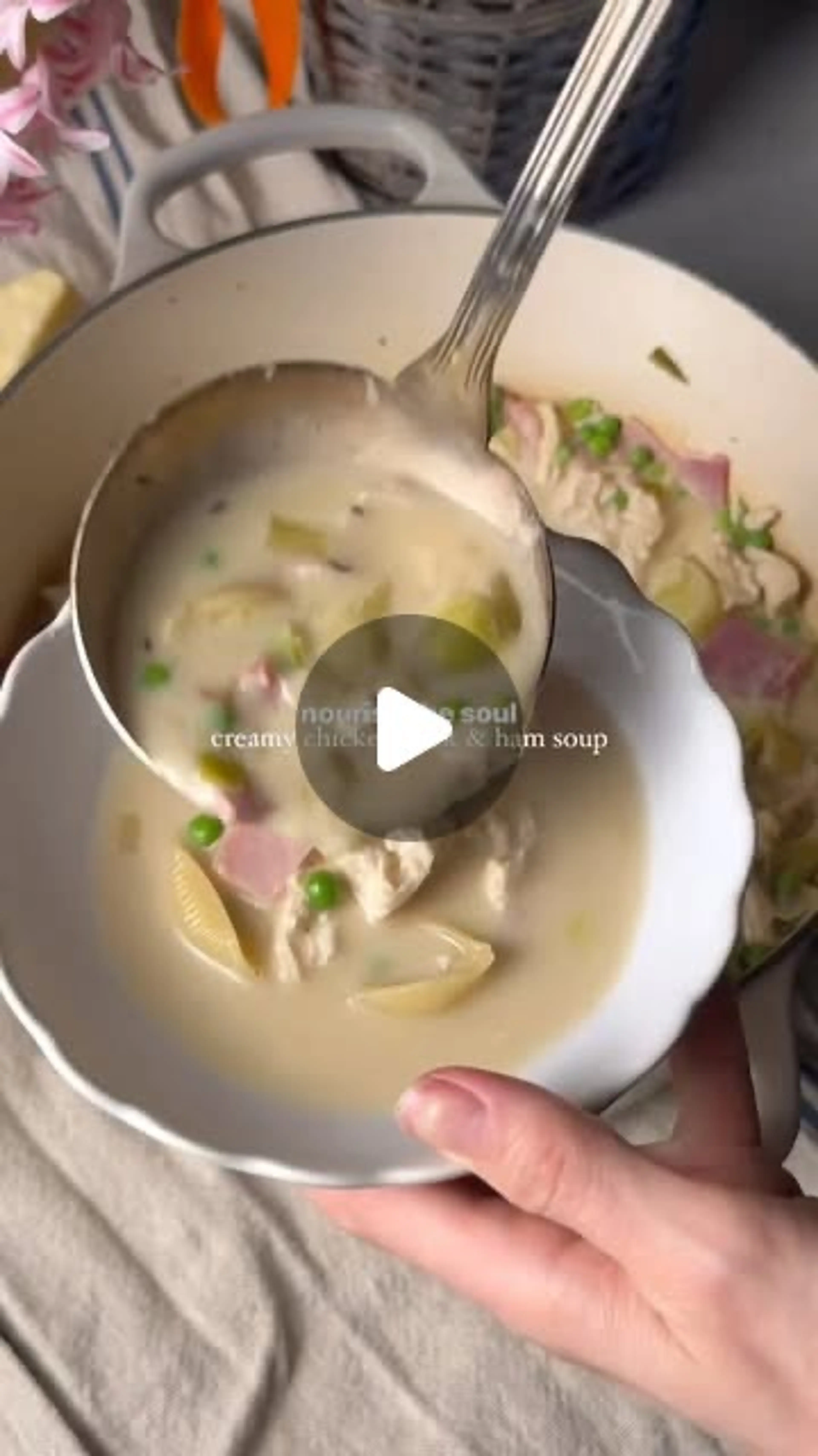 Creamy chicken, ham and pea soup