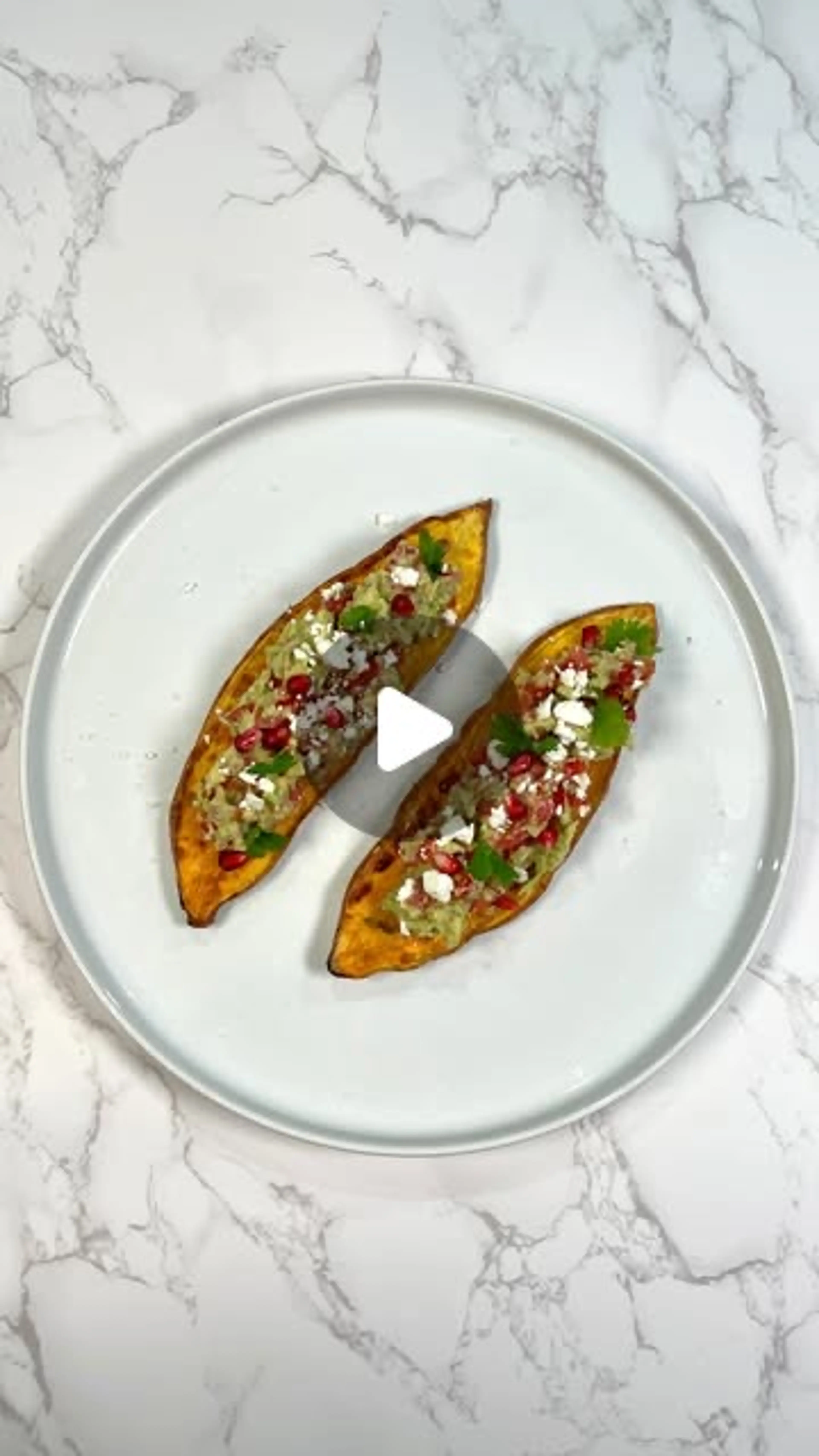 Baked Sweet Potato Toast with Guacamole, Feta and Pomegranat