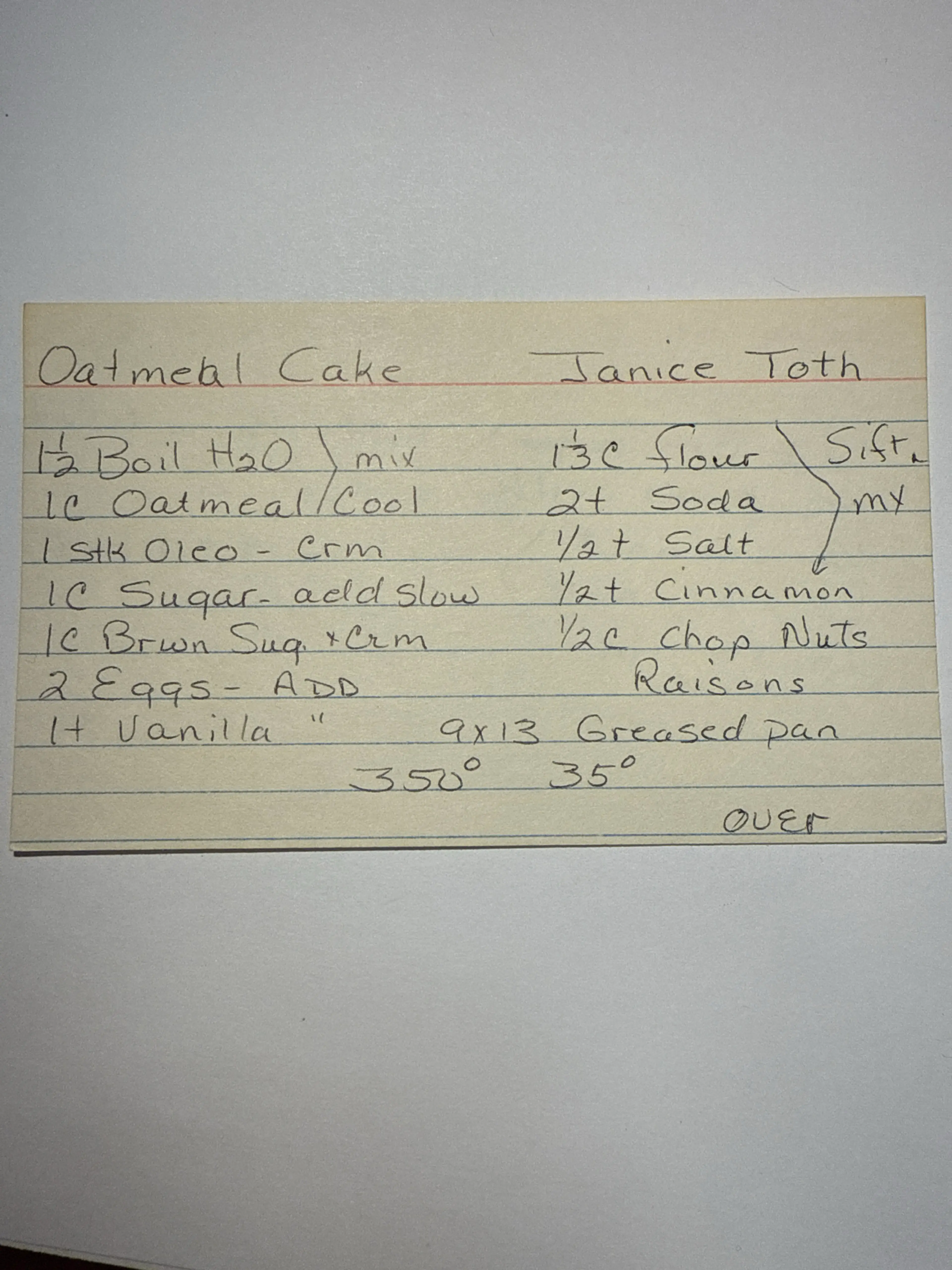 Oatmeal Cake (Janice Toth)