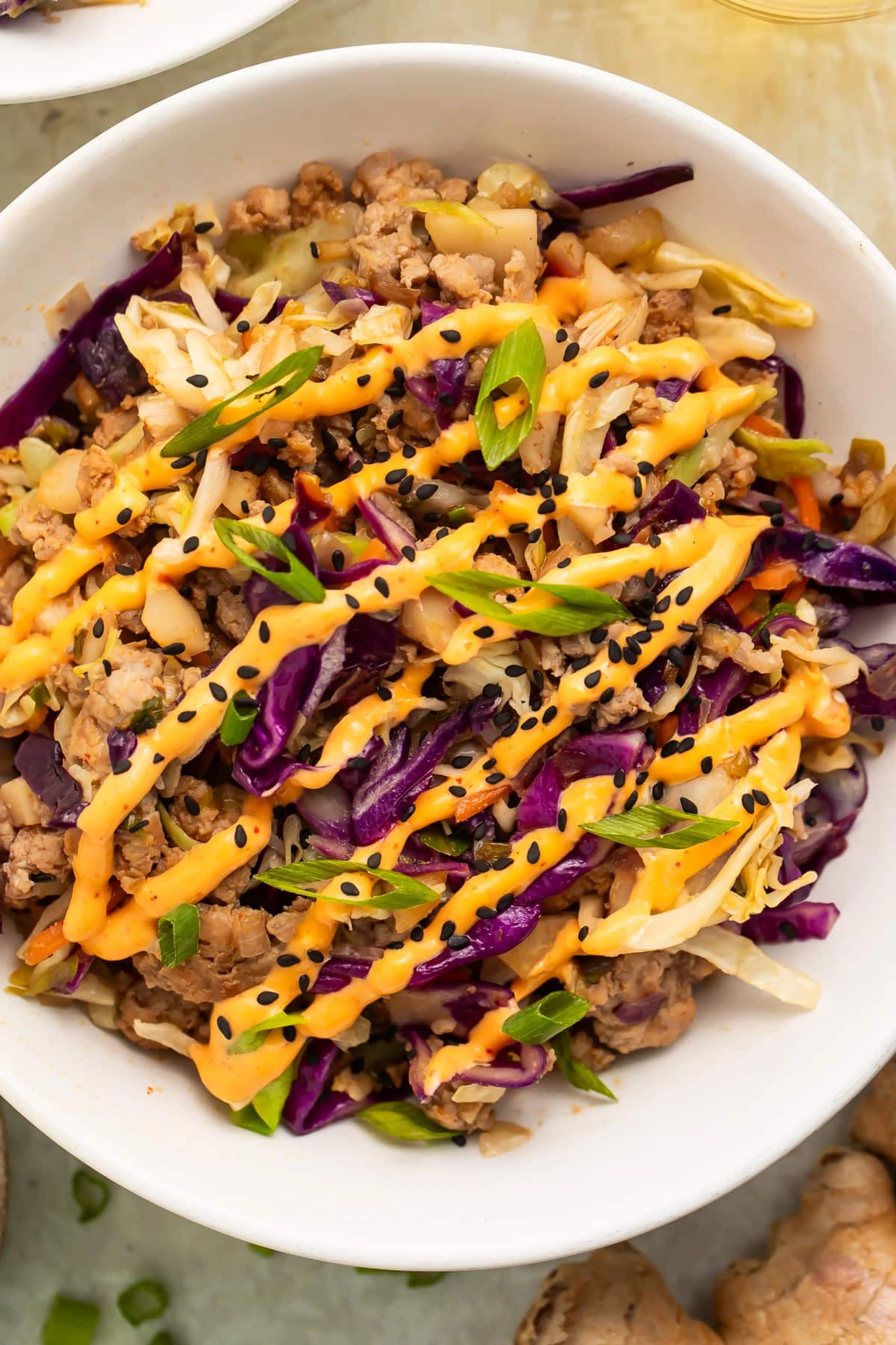 Egg Roll in a Bowl with Creamy Chili Sauce