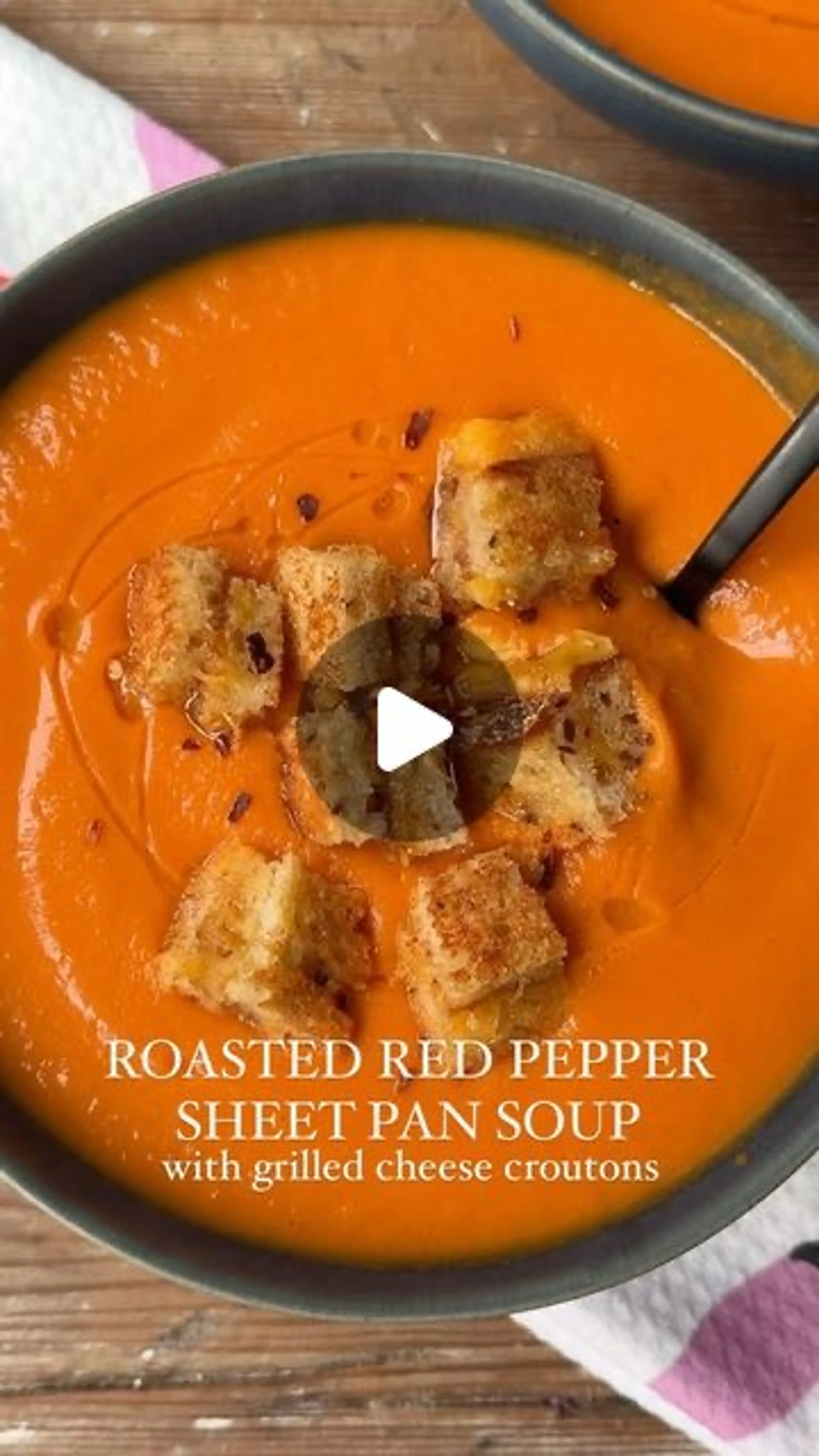 Sheet Pan Roasted Red Pepper Soup with Grilled Cheese Crouto