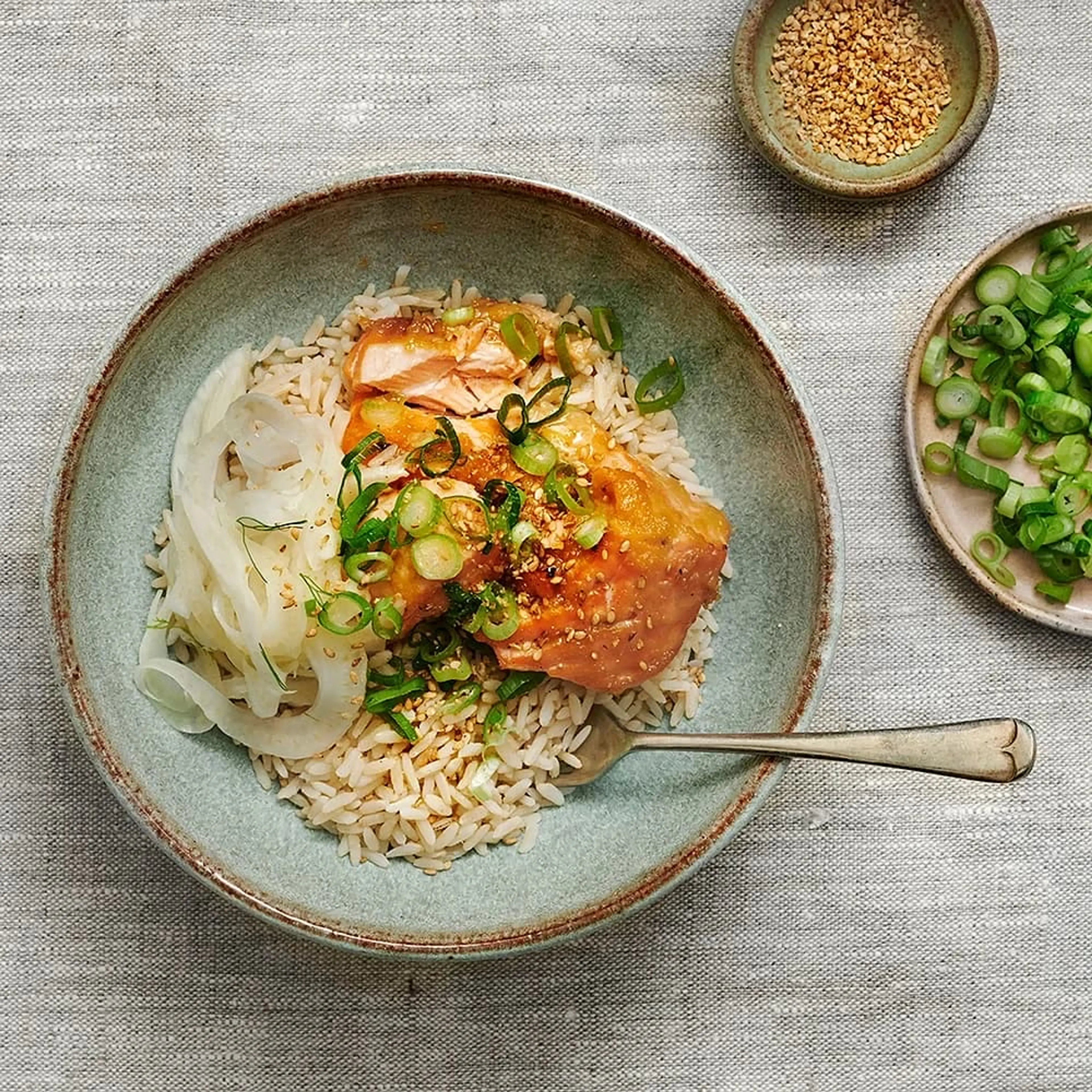 Lax med miso, råris och picklad fänkål