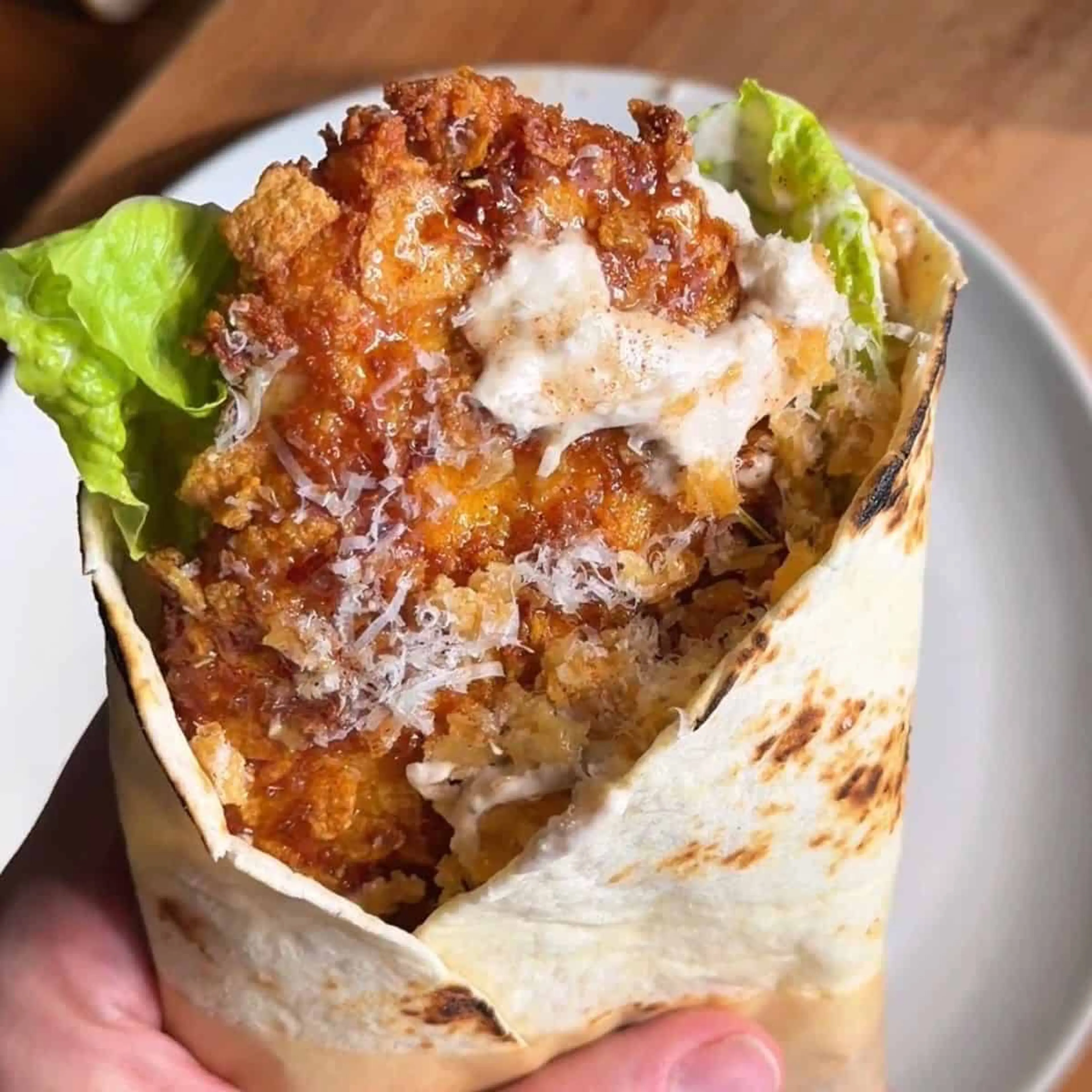 Hot Honey Cornflake Chicken Caesar Wrap