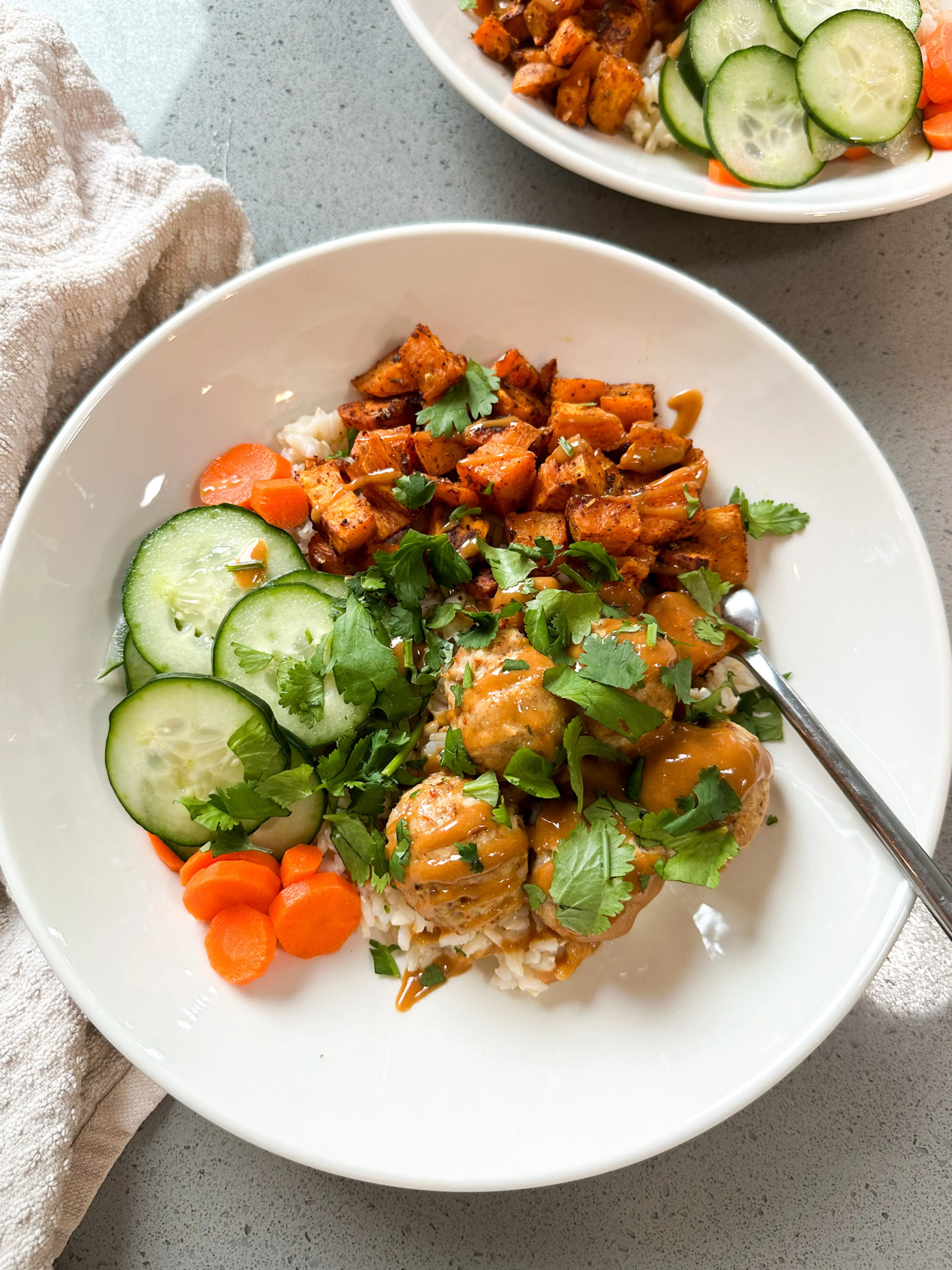 Saucy Peanut Ginger Chicken Meatball Bowls