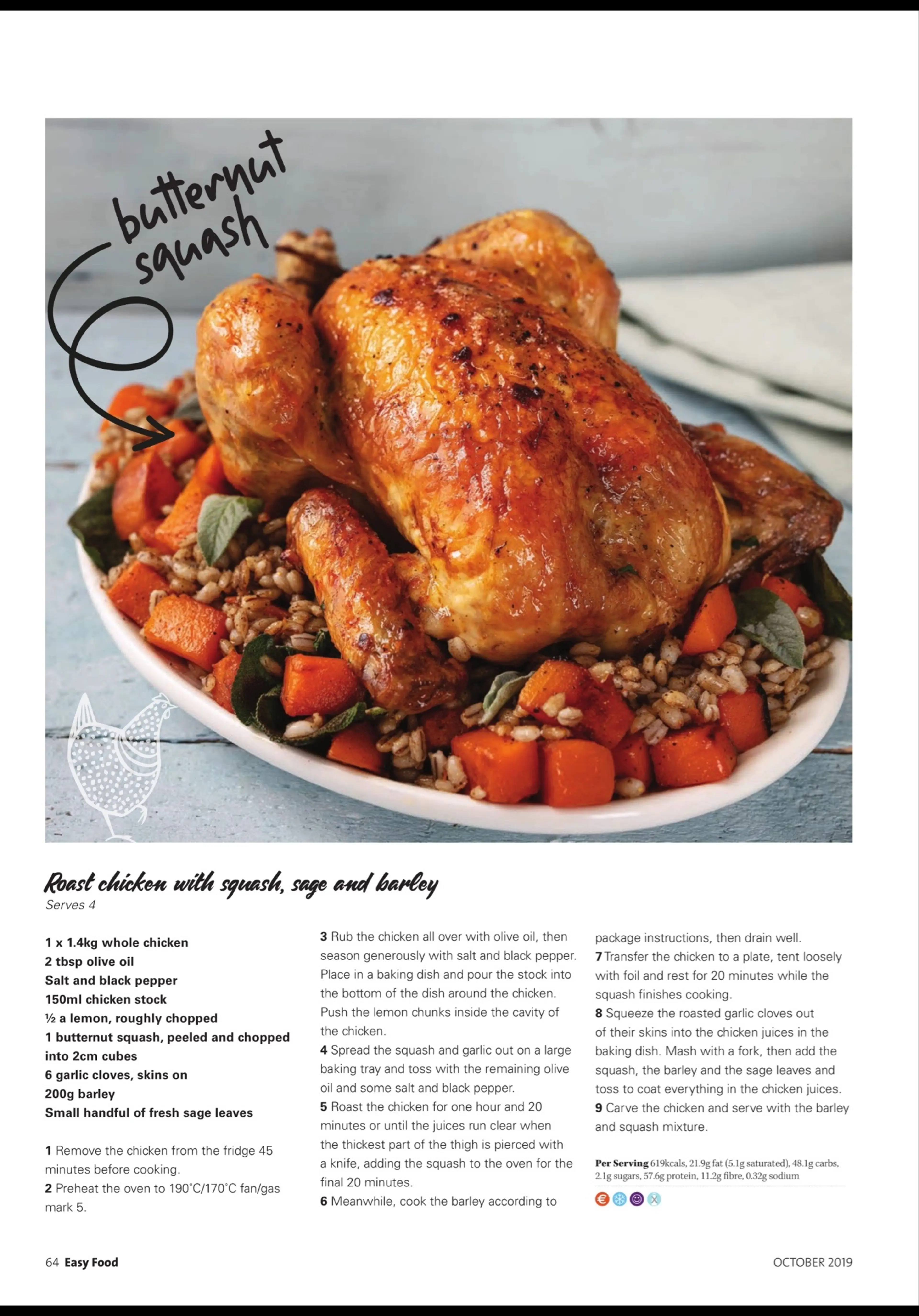 Roast chicken with squash sage and barley