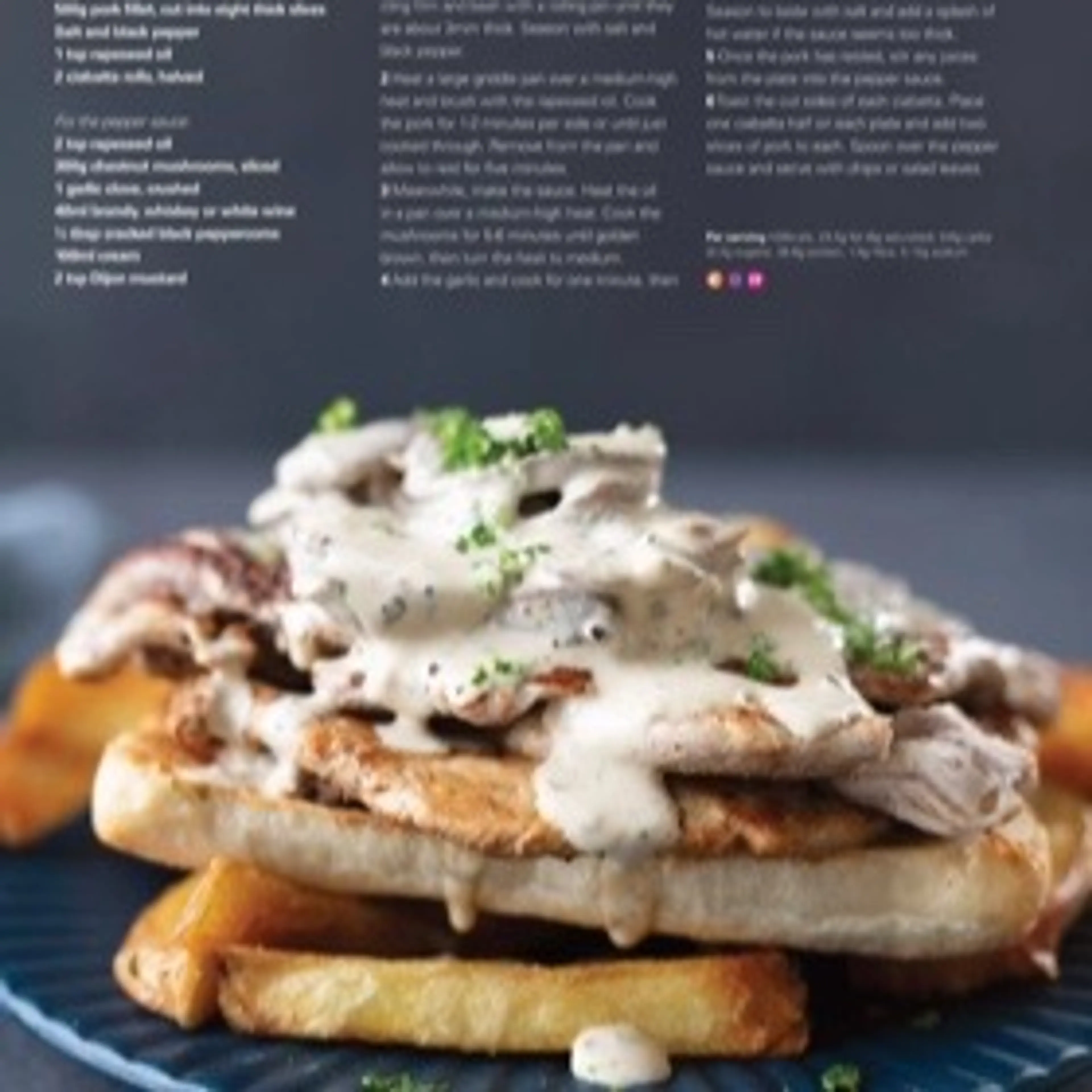 Pork steak open sandwiches with pepper sauce