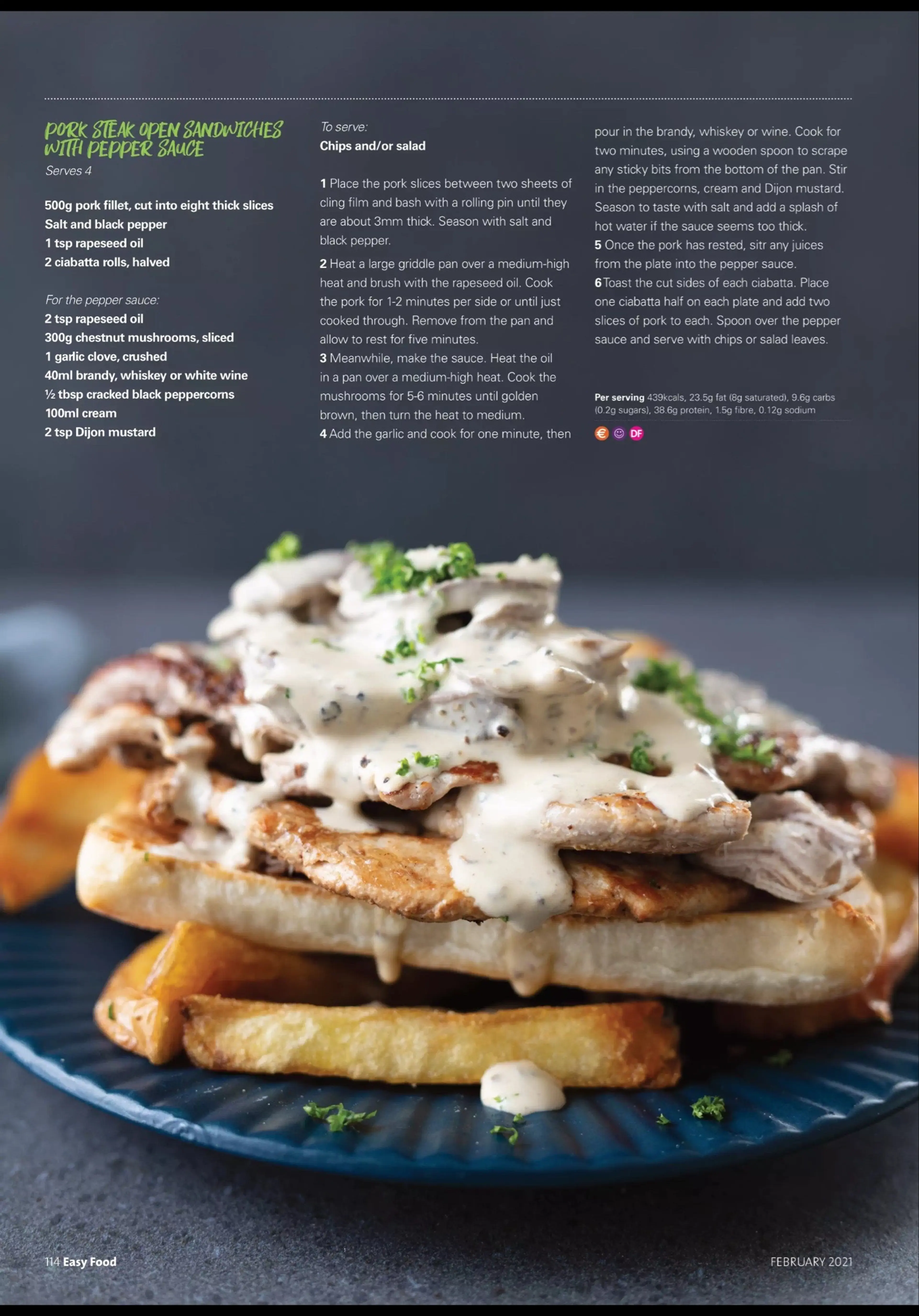 Pork steak open sandwiches with pepper sauce