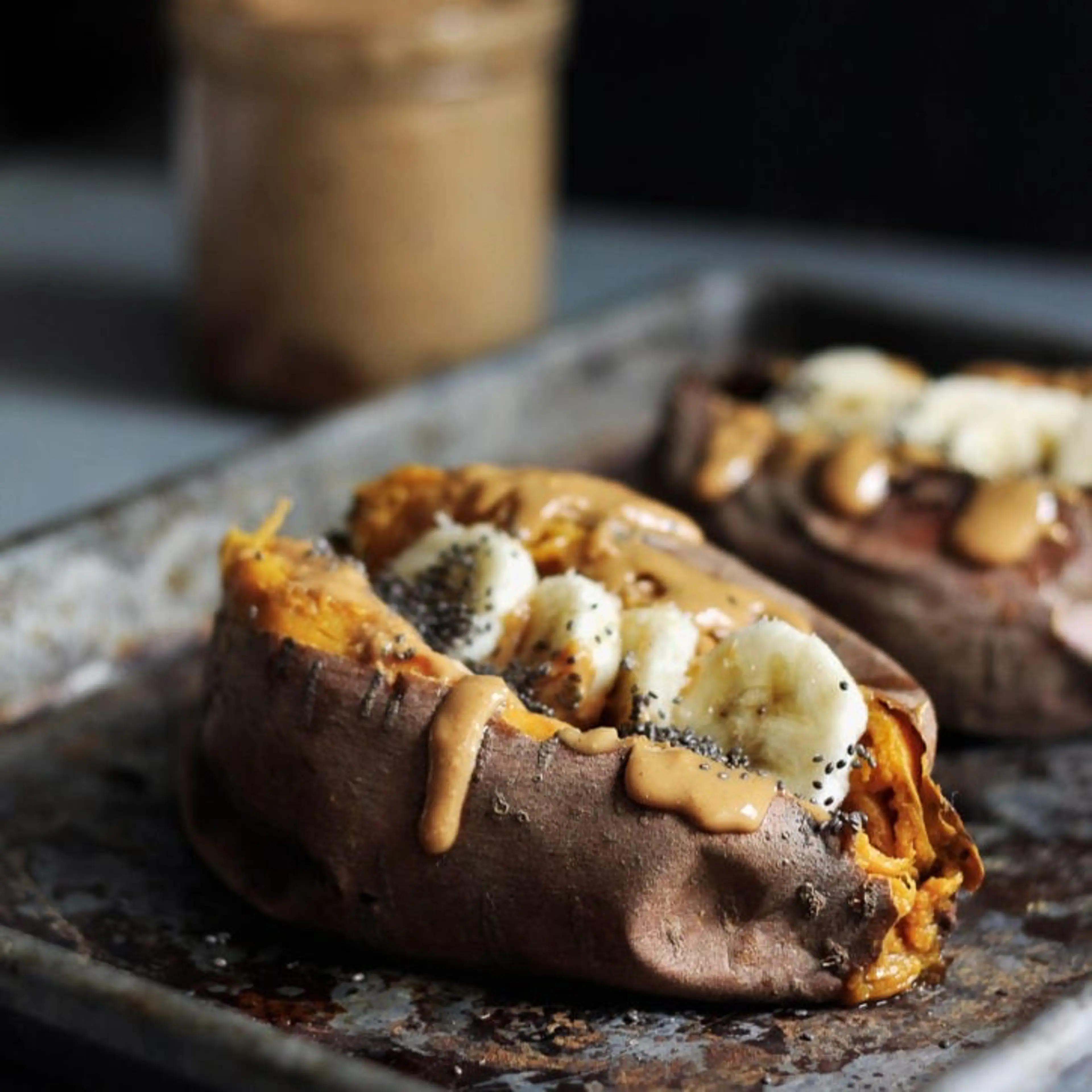 Breakfast Baked Sweet Potatoes with Almond Butter, Banana &