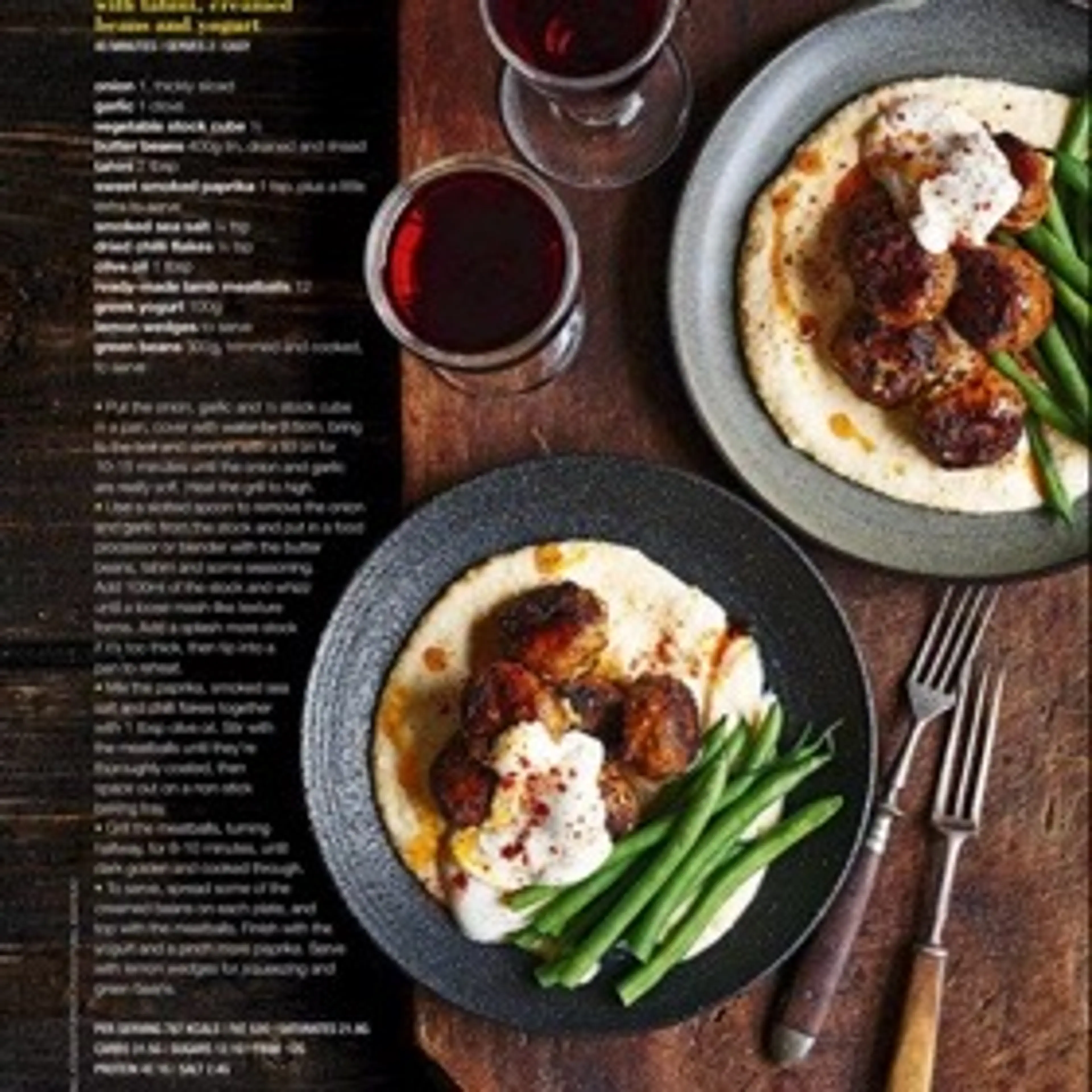 Smoked chilli meatballs with tahini, creamed beans and yogur