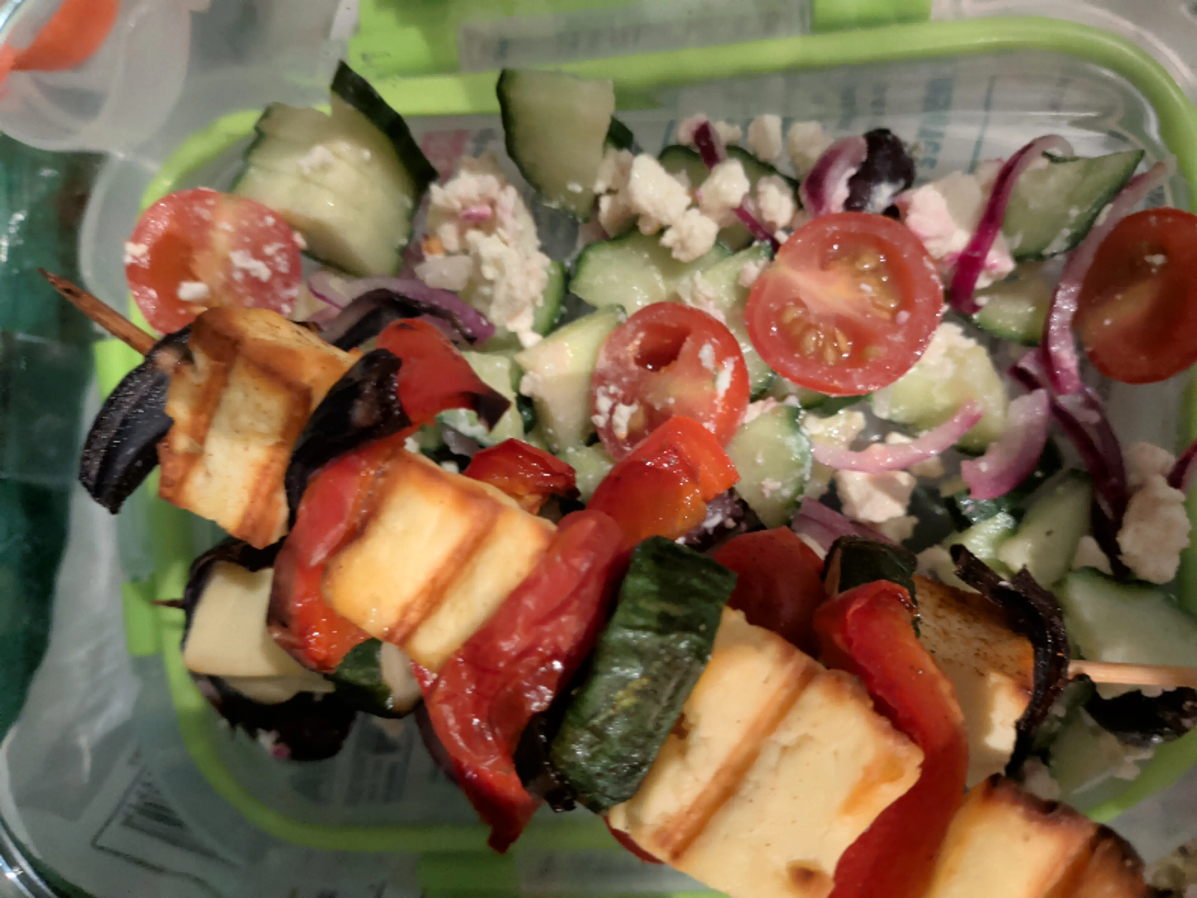 Halloumi & Veggie Skewers + Greek Salad