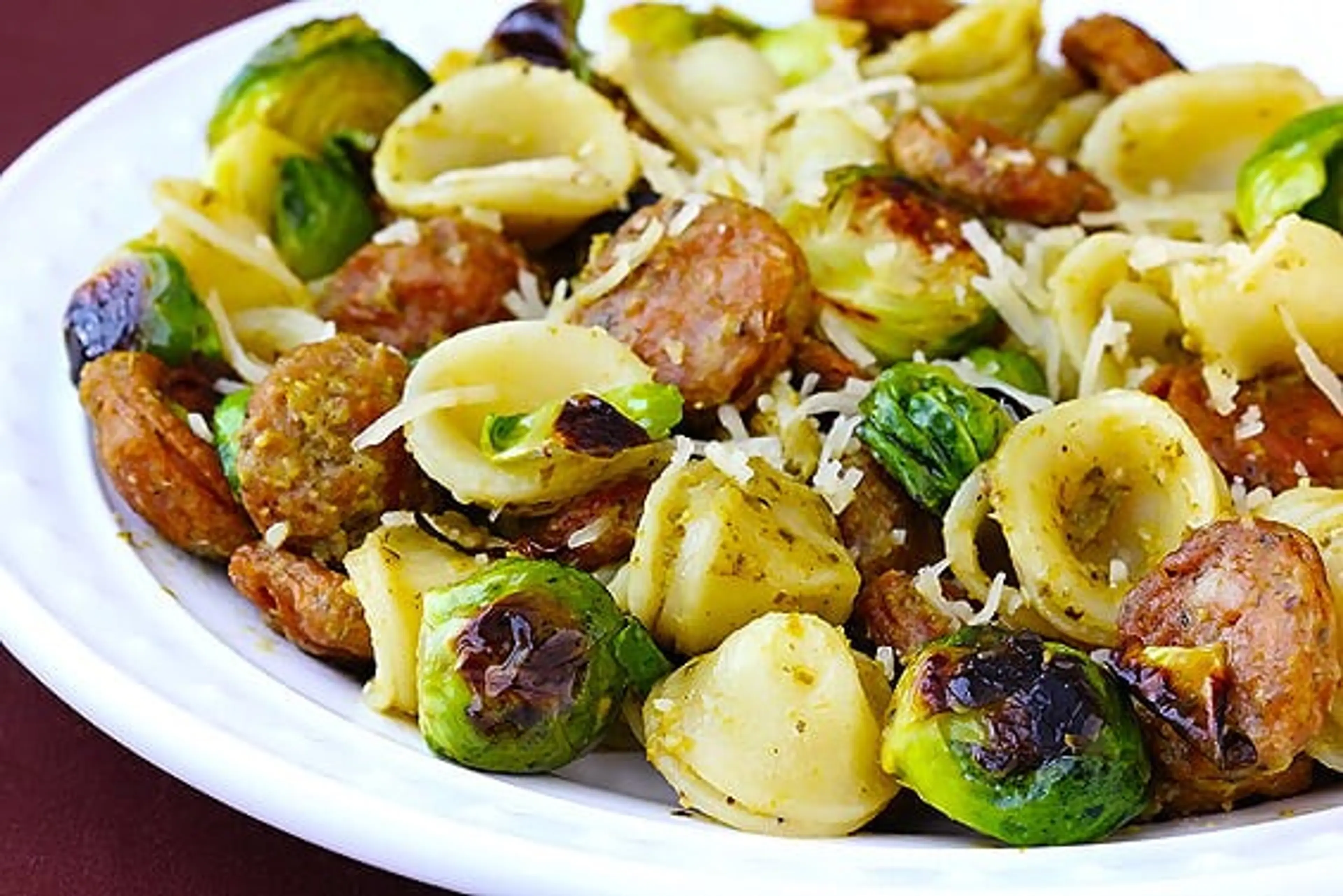 Pesto Pasta with Chicken Sausage & Roasted Brussels Sprouts
