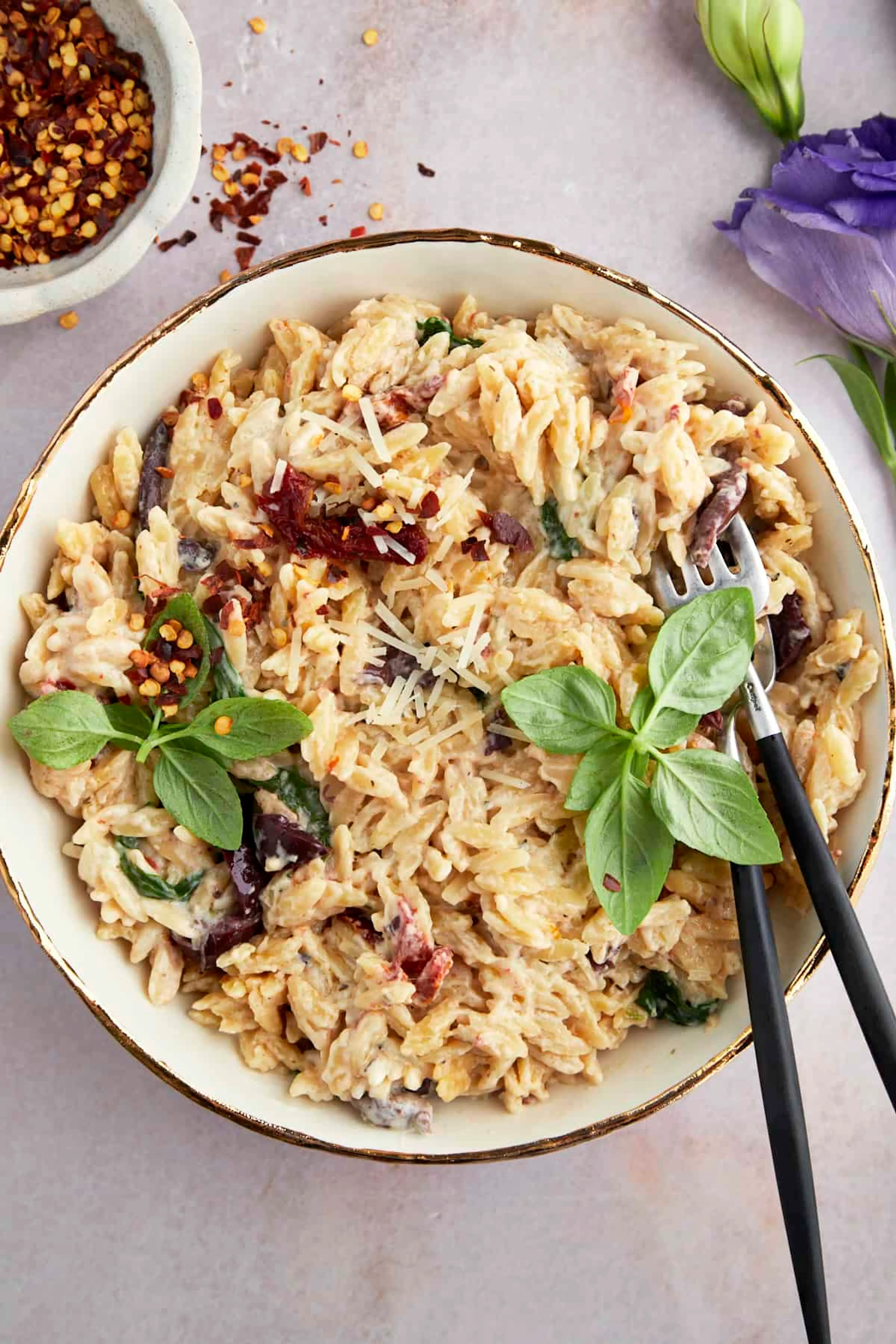 Spinach and Sun-Dried Tomato Boursin Orzo Bake