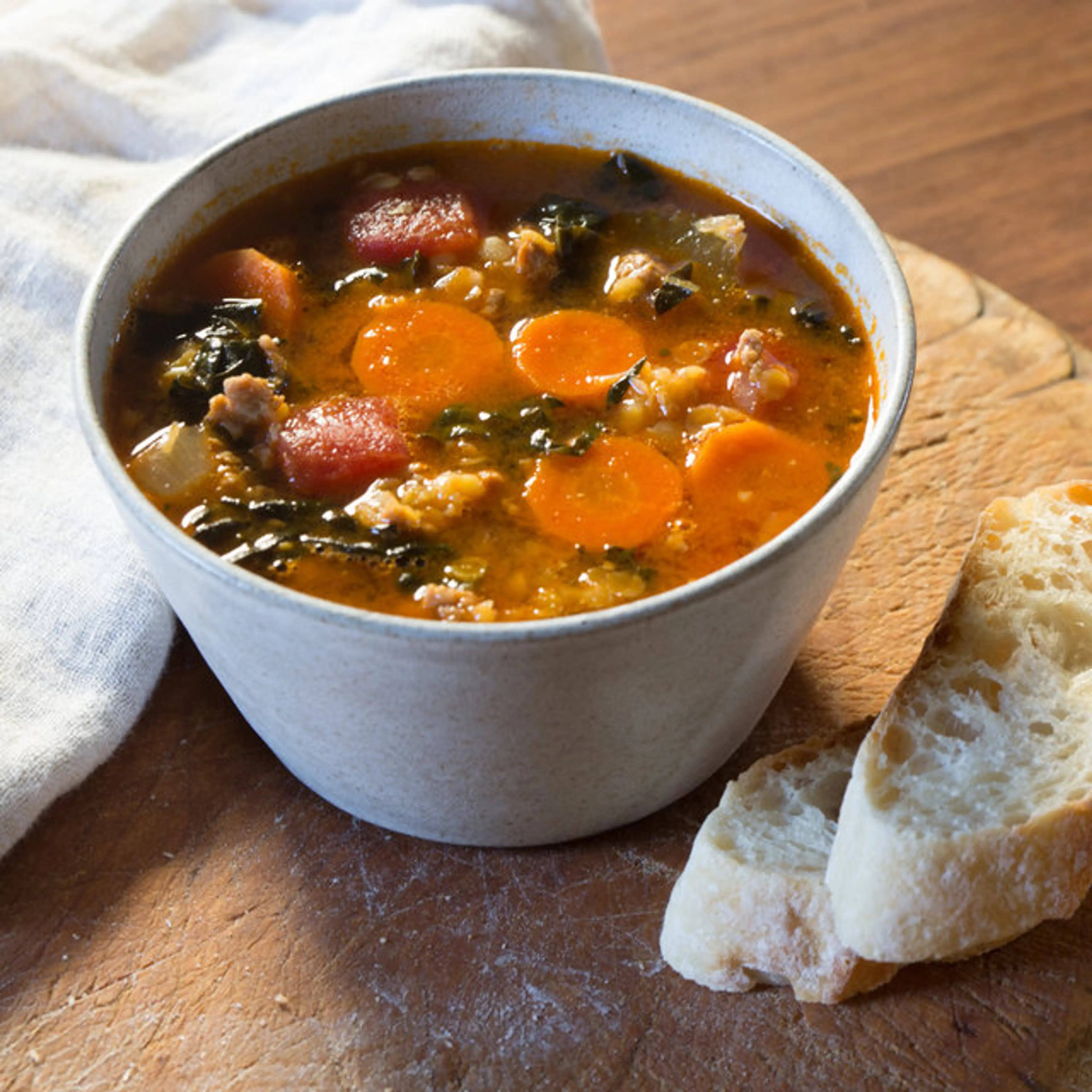 Spicy Chorizo and Red Lentil Soup with Kale
