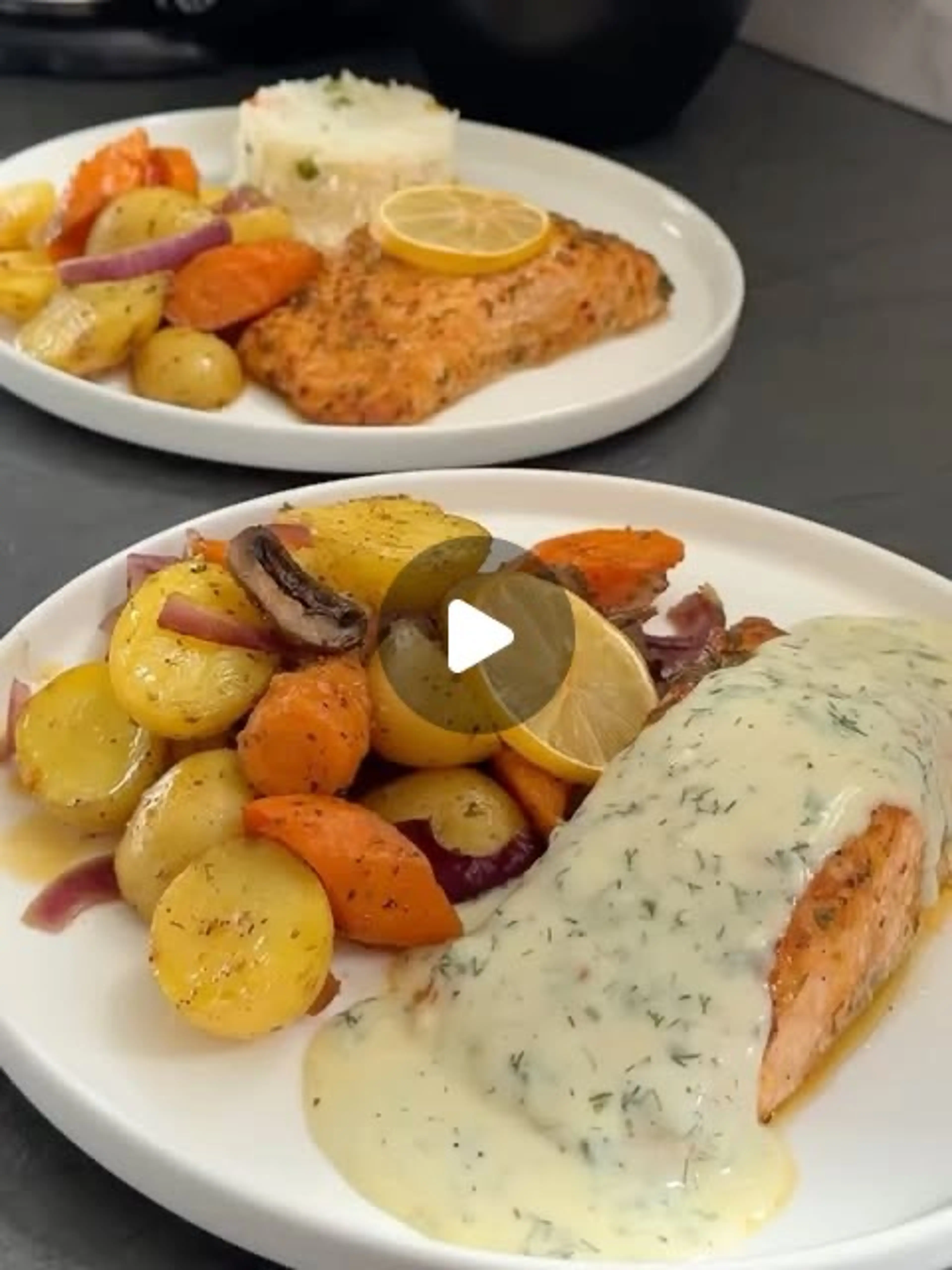 Oven-baked Salmon with Roasted Vegetables & Lemon Dill Sauce