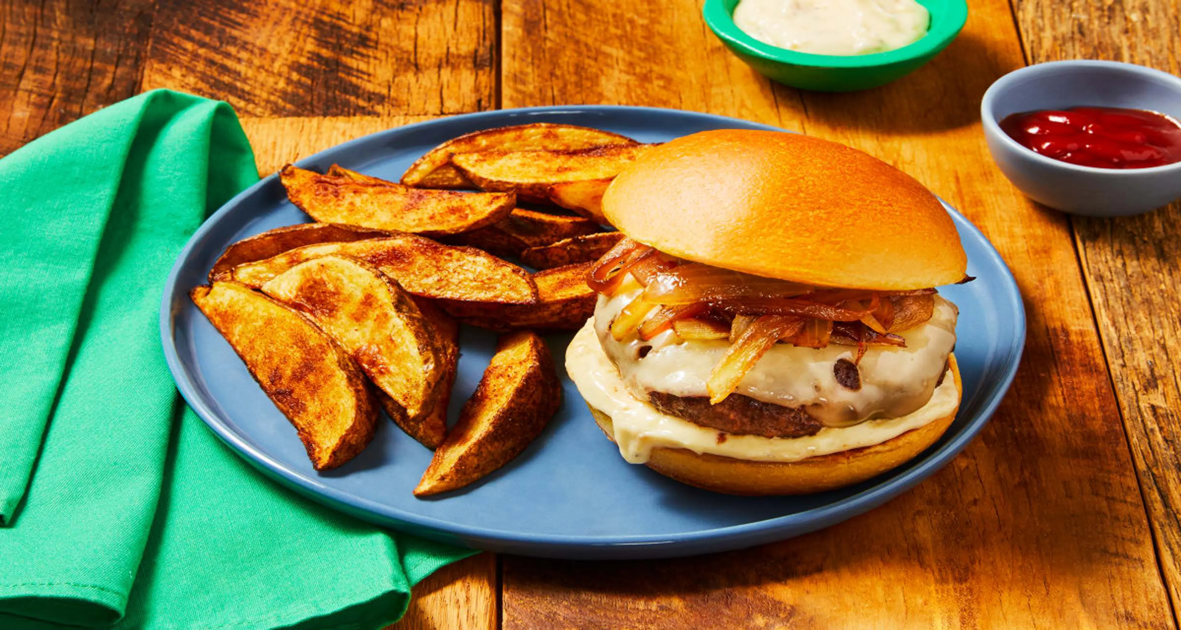 Caramelized Onion Swissburgers with Roasted Garlic Horseradi