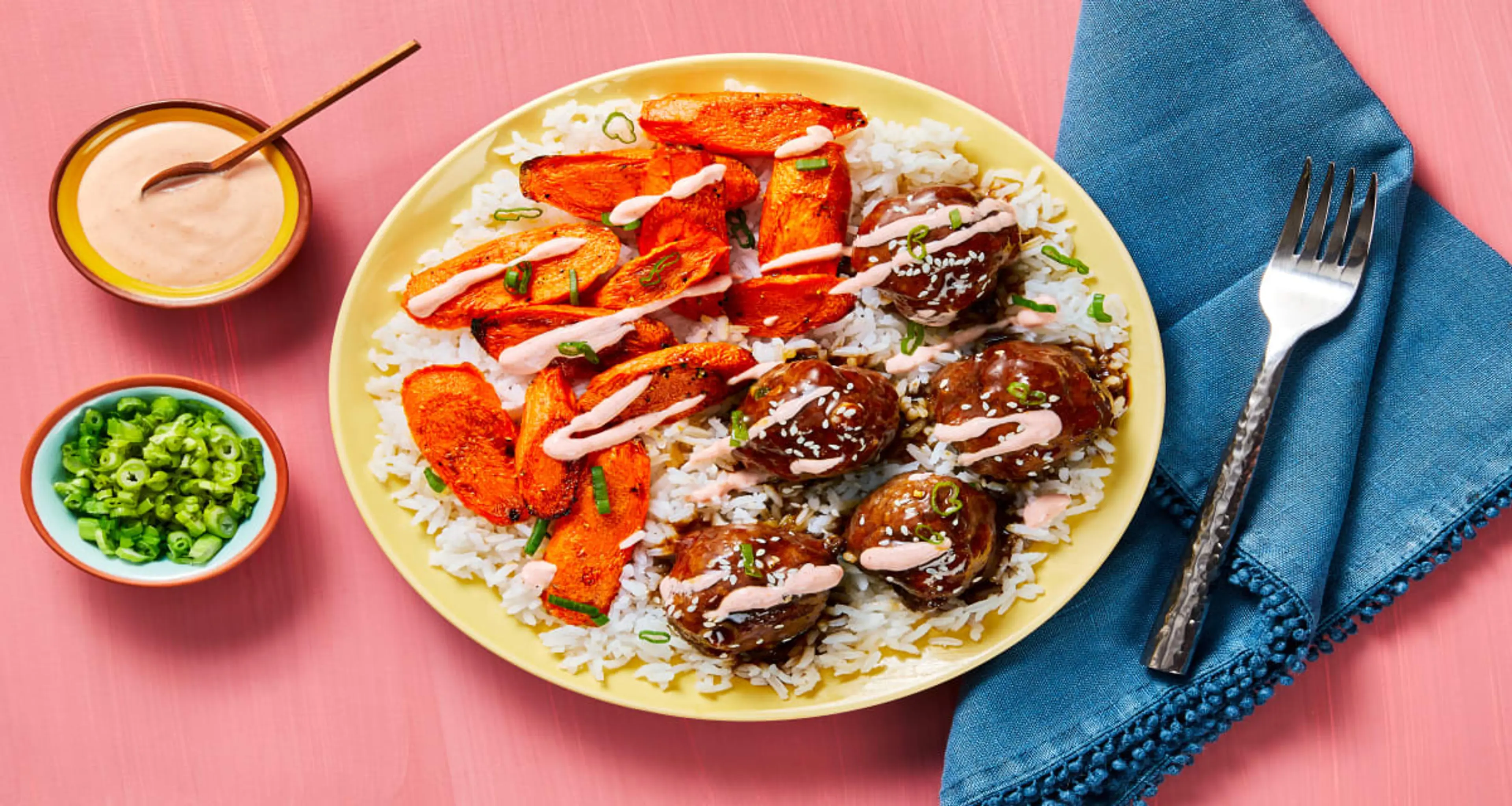 Meatballs with Bulgogi Sauce plus Roasted Carrots, Ginger Ri