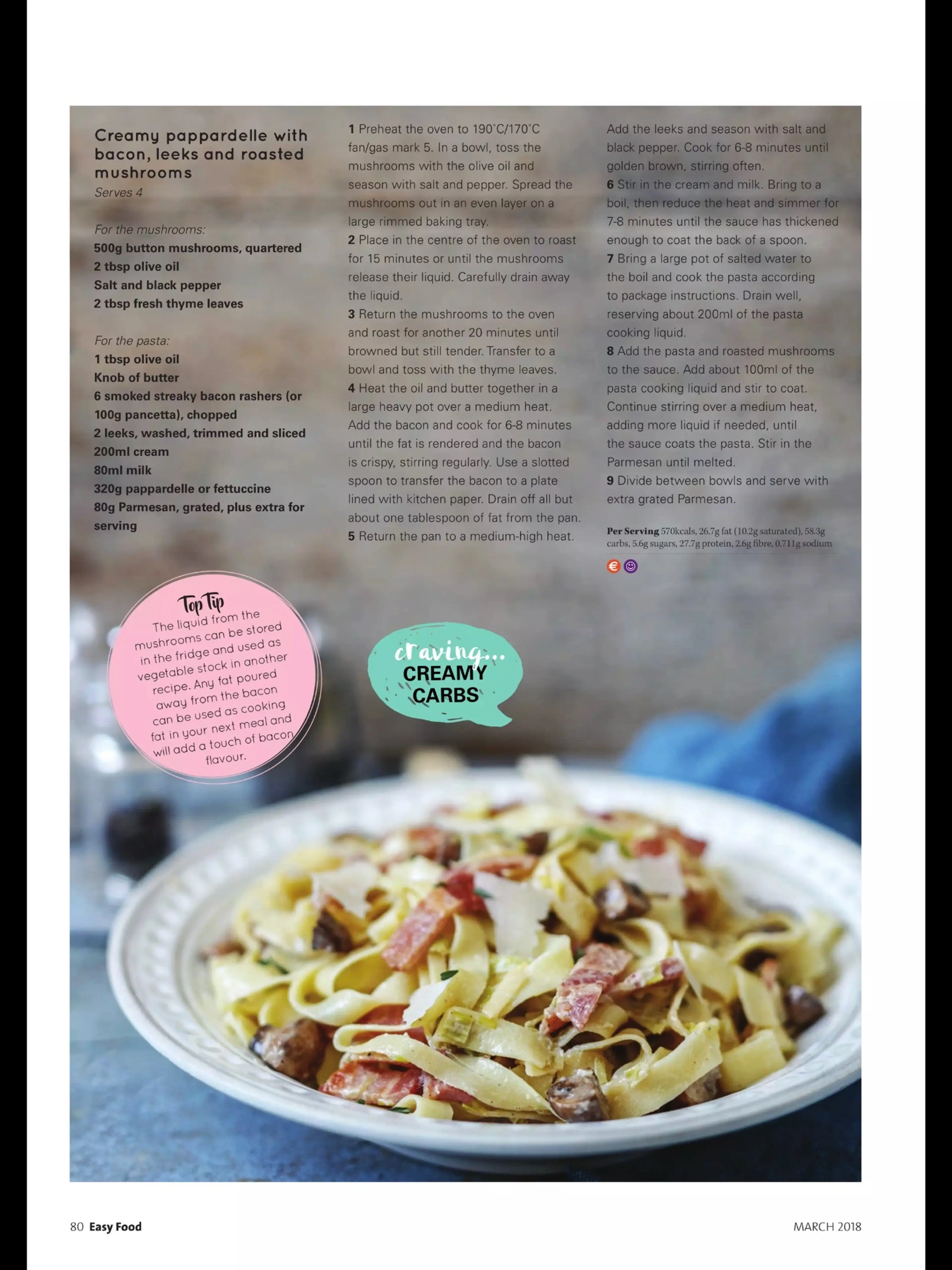 Creamy pappardelle with bacon, leeks and roasted mushrooms