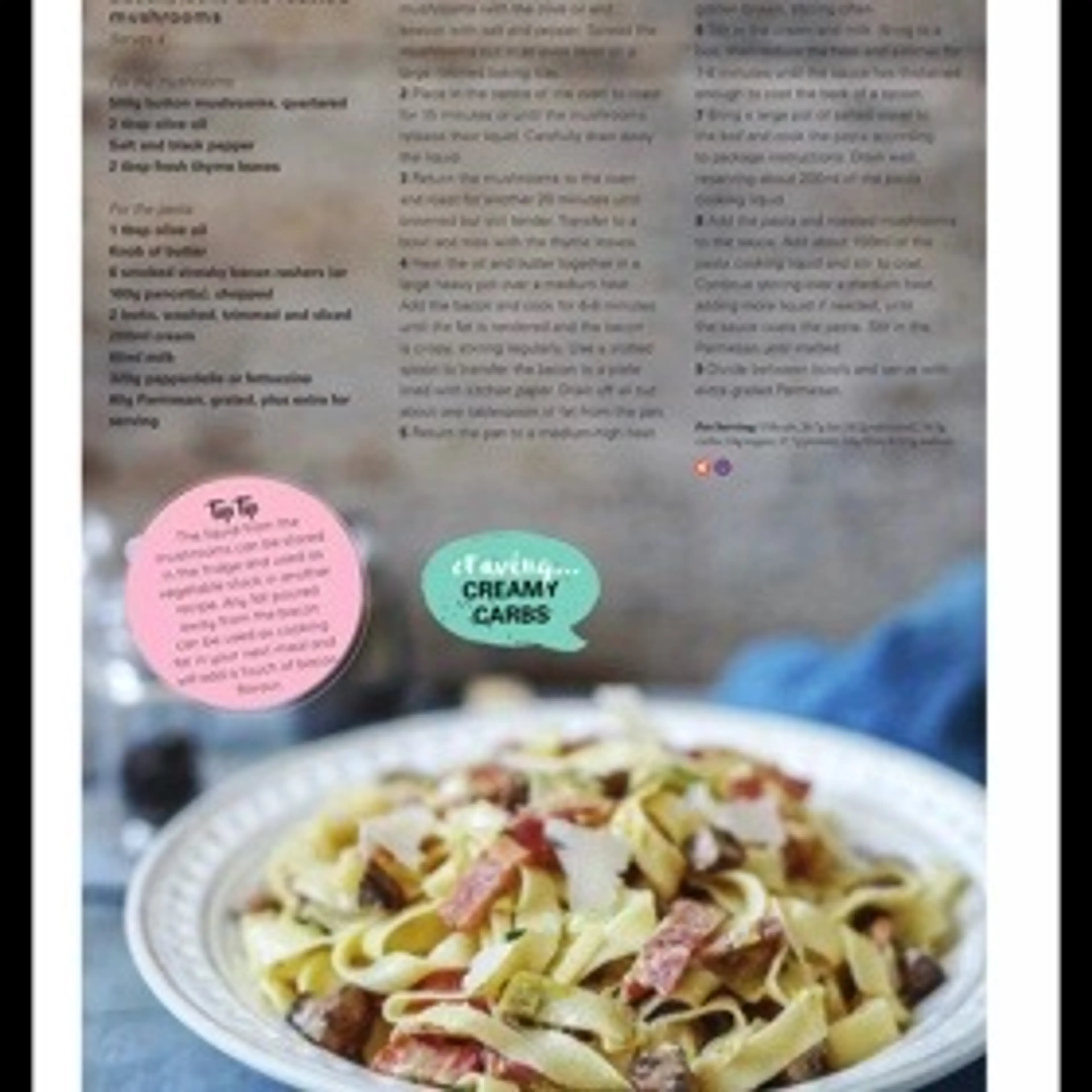 Creamy pappardelle with bacon, leeks and roasted mushrooms