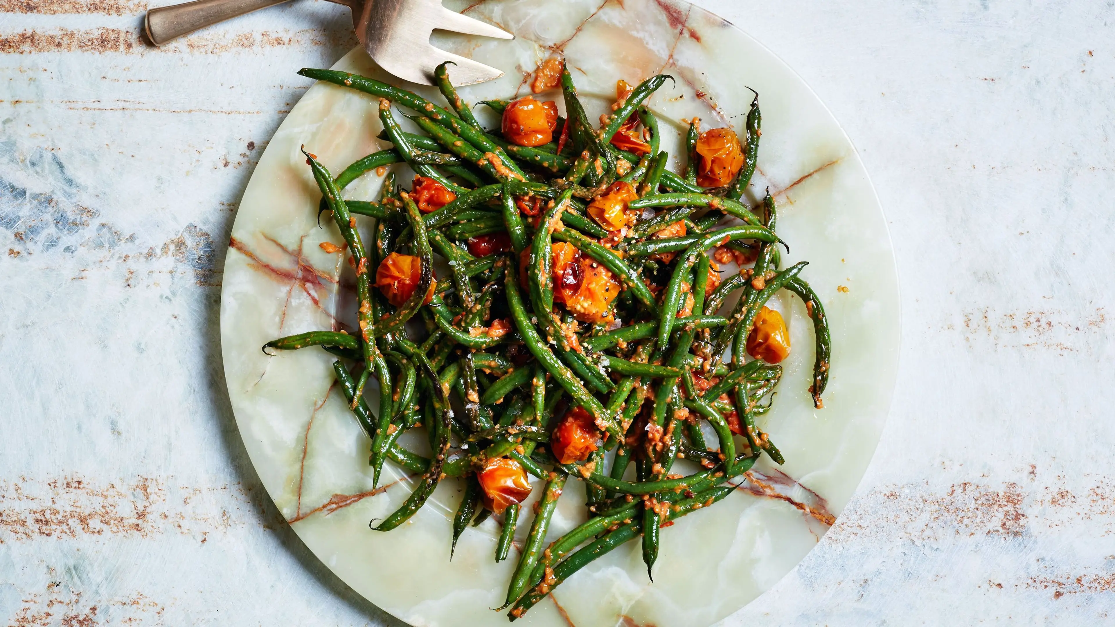 Blistered Green Beans With Tomato-Almond Pesto