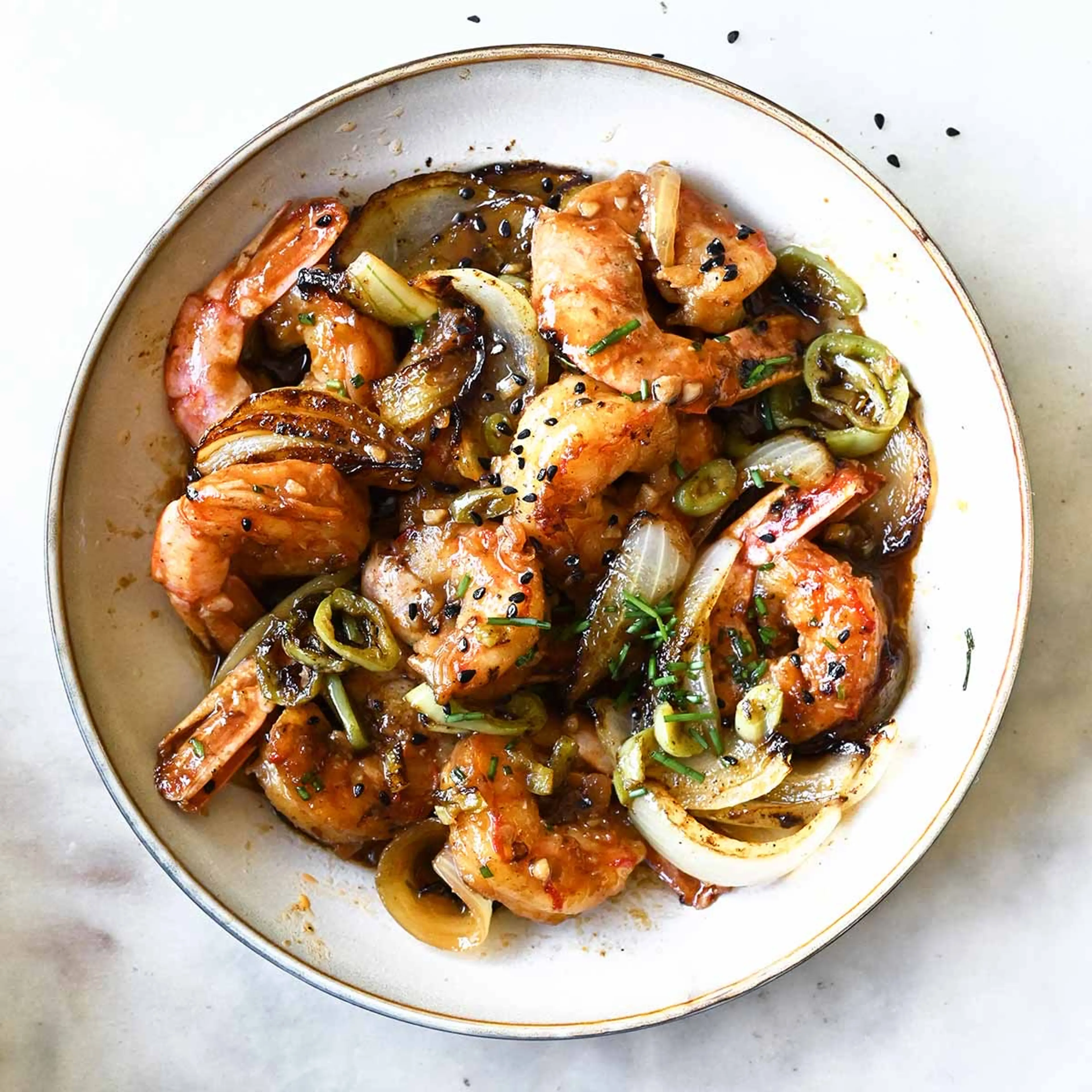Sichuan shrimp stir fry with onions
