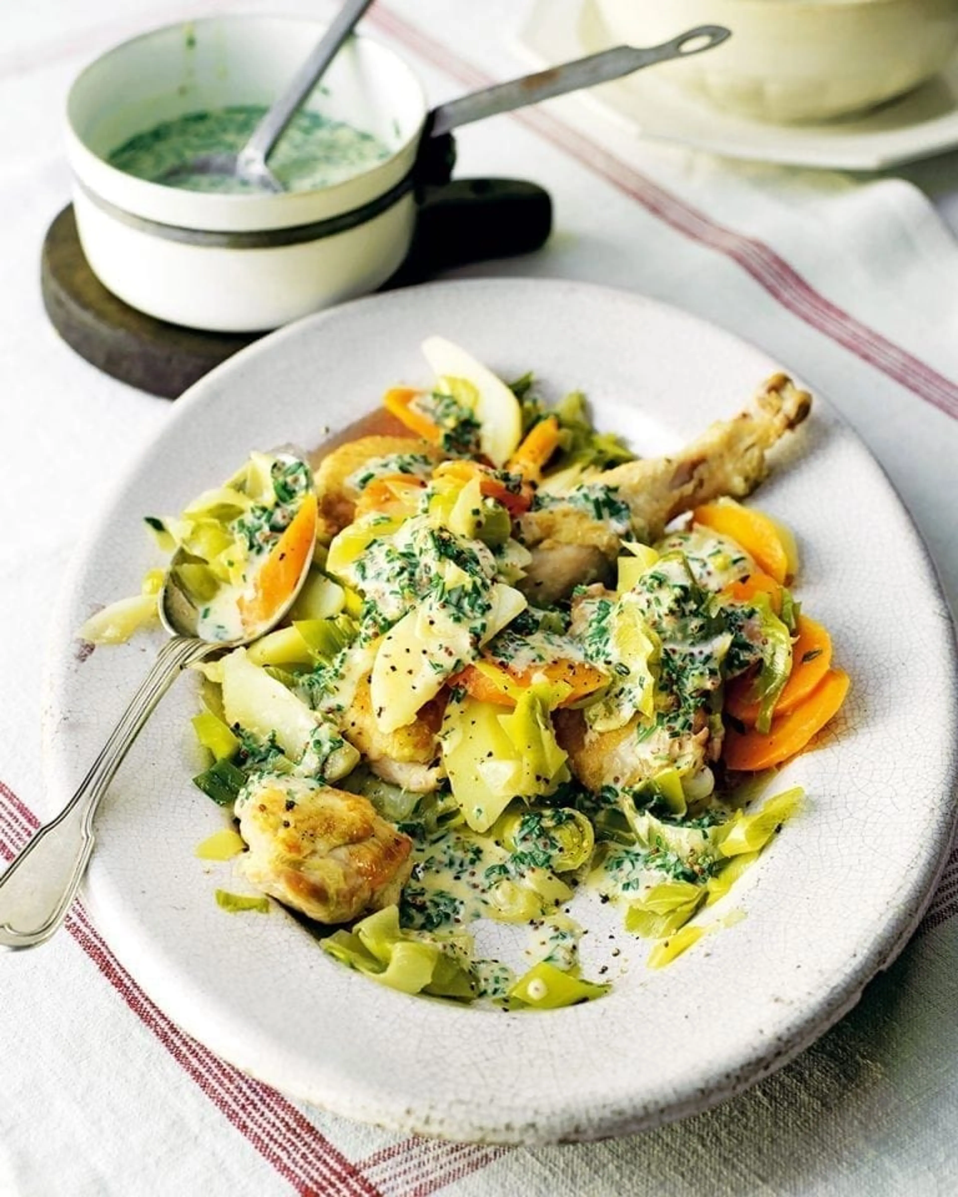 Farmhouse chicken casserole with carrots, leeks and potato