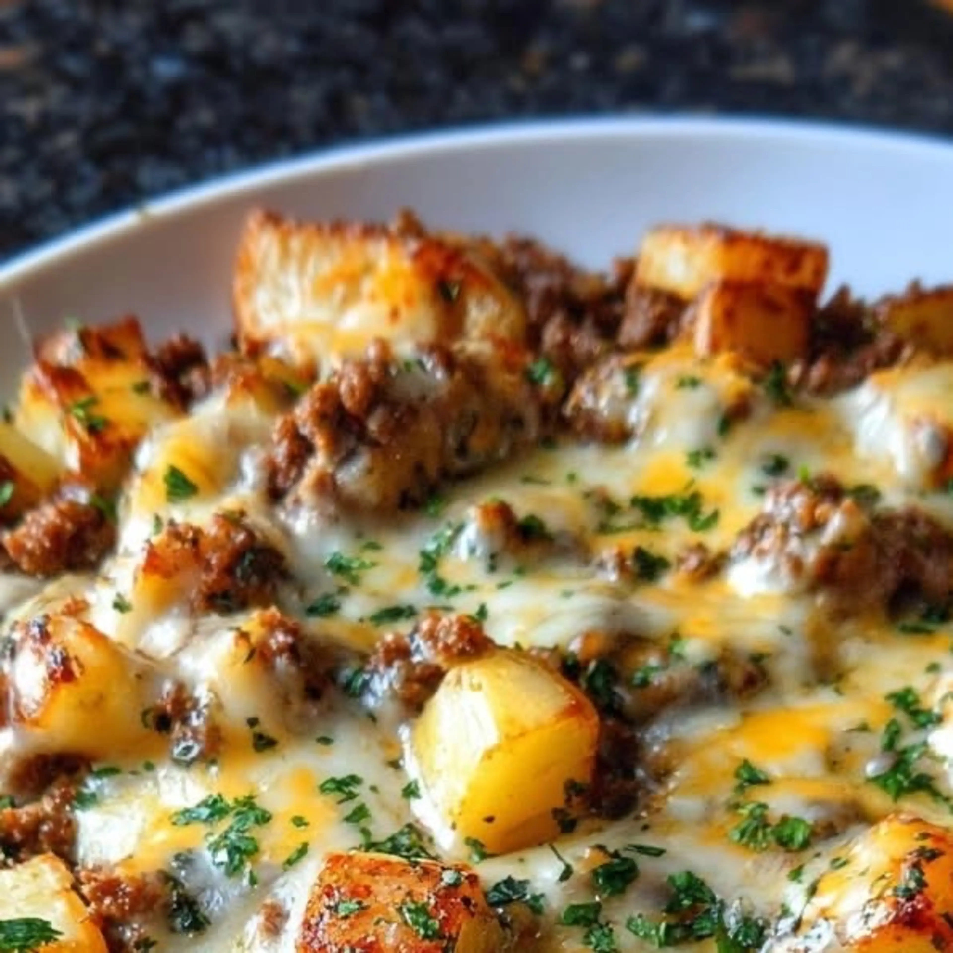 Crispy Garlic Potato Skillet with Savory Ground Beef and Mel