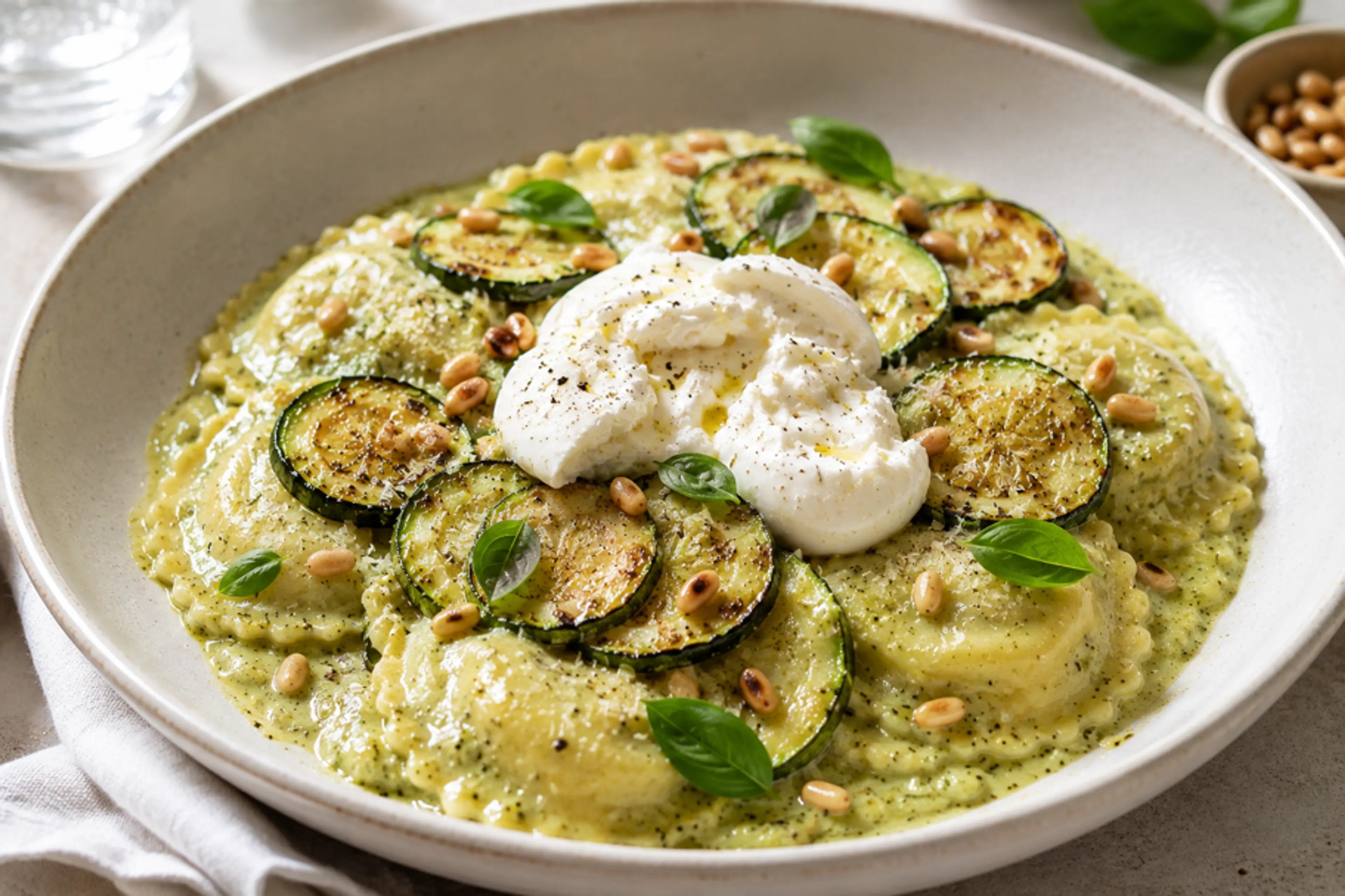 Roasted Courgette Ravioli with Burrata