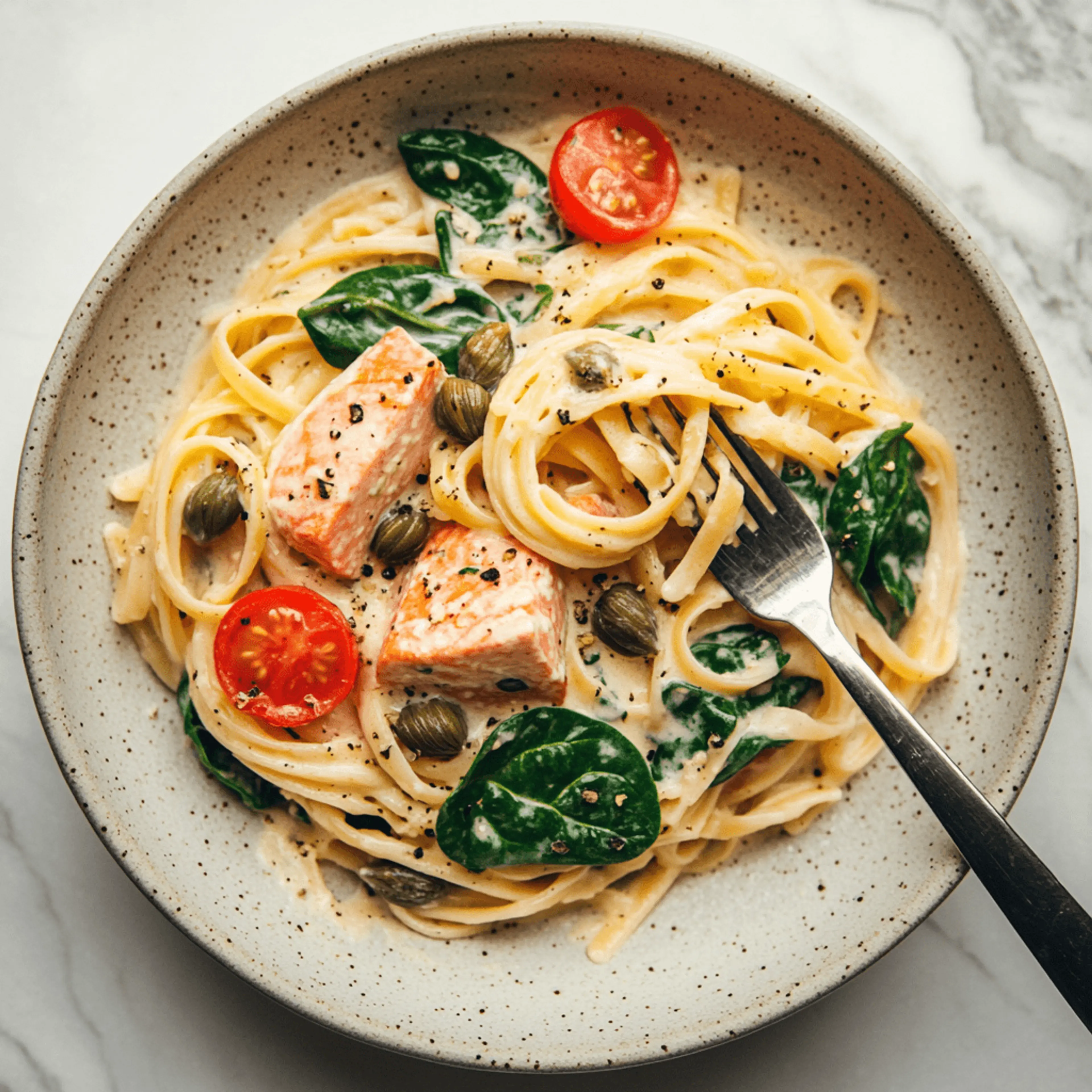 Creamy One Pot Salmon Pasta with Boursin Cheese, Spinach, an