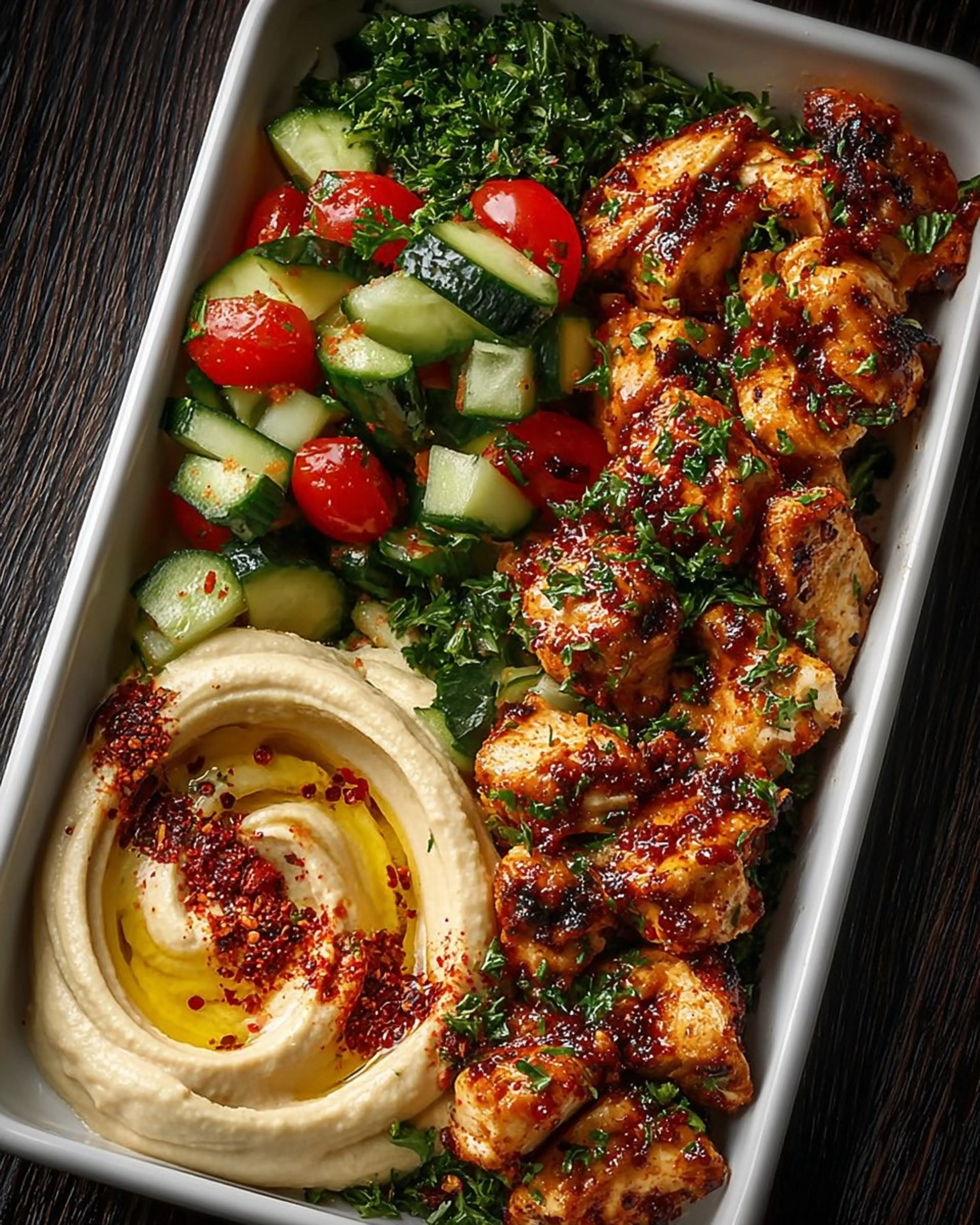 Spicy Garlic Chicken Bowl with Hummus & Cucumber Salad