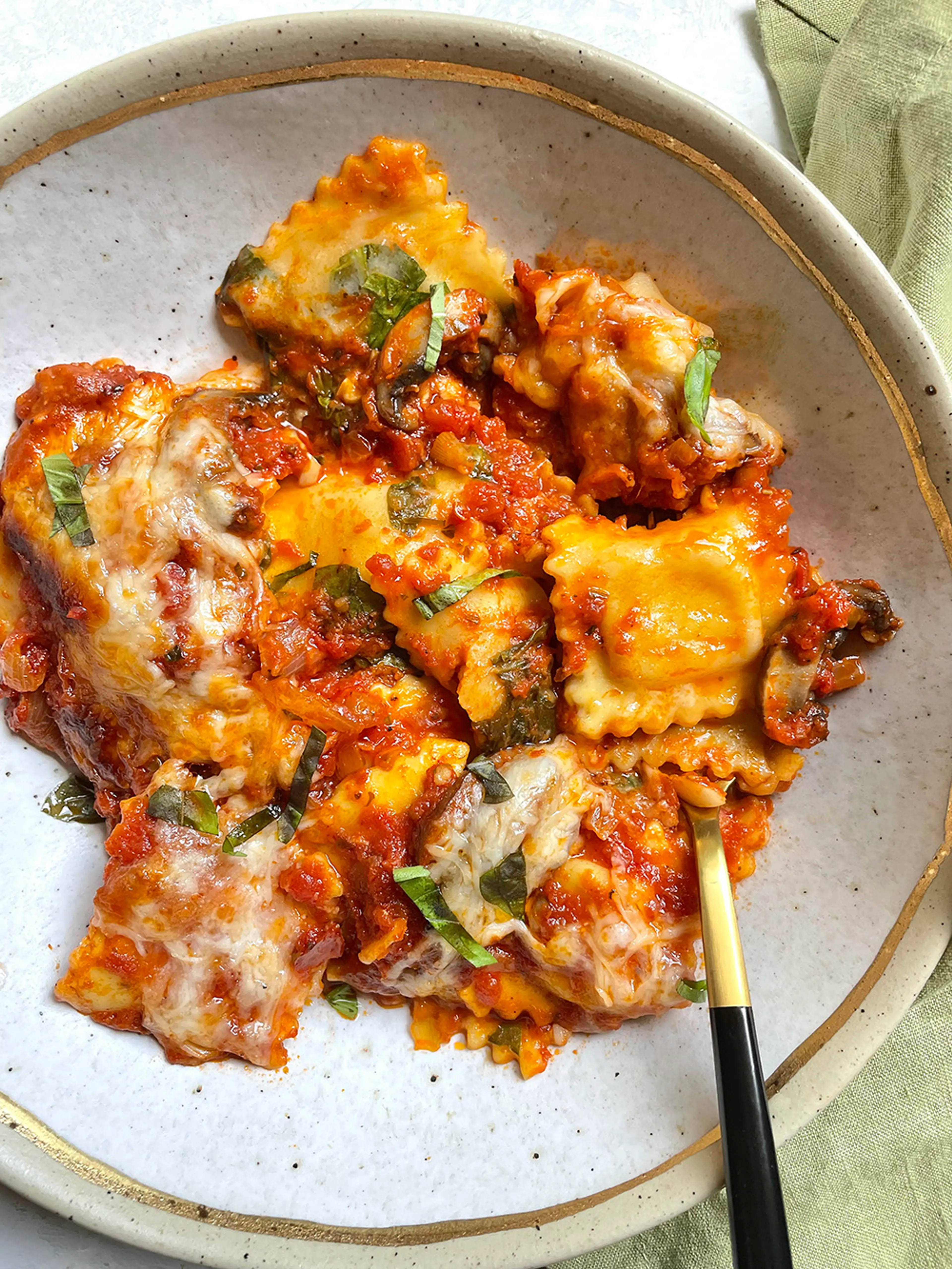 Baked Ravioli with Spinach and Mushrooms