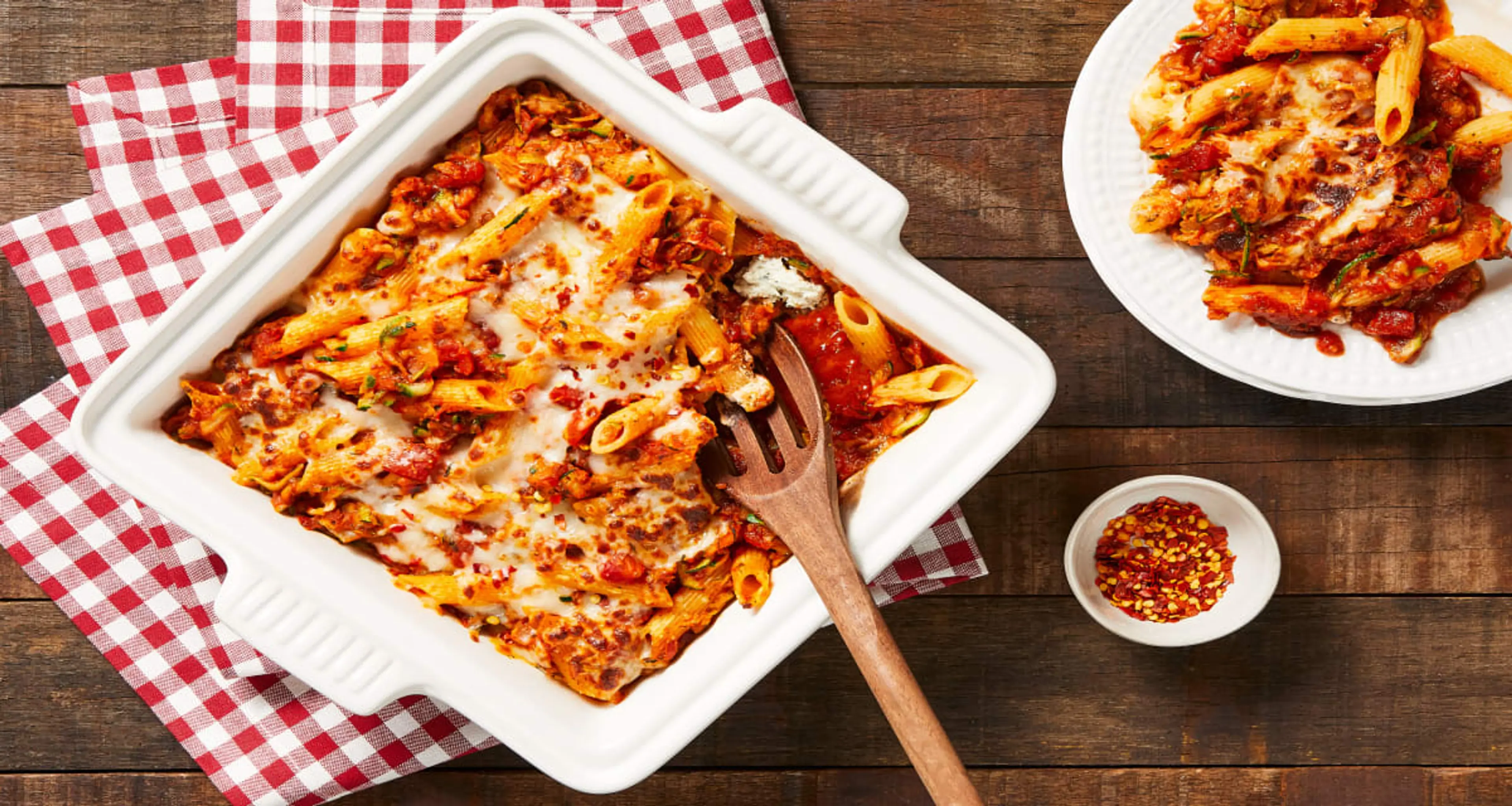 Zucchini Pomodoro Penne Bake with Mozzarella & Herbed Ricott