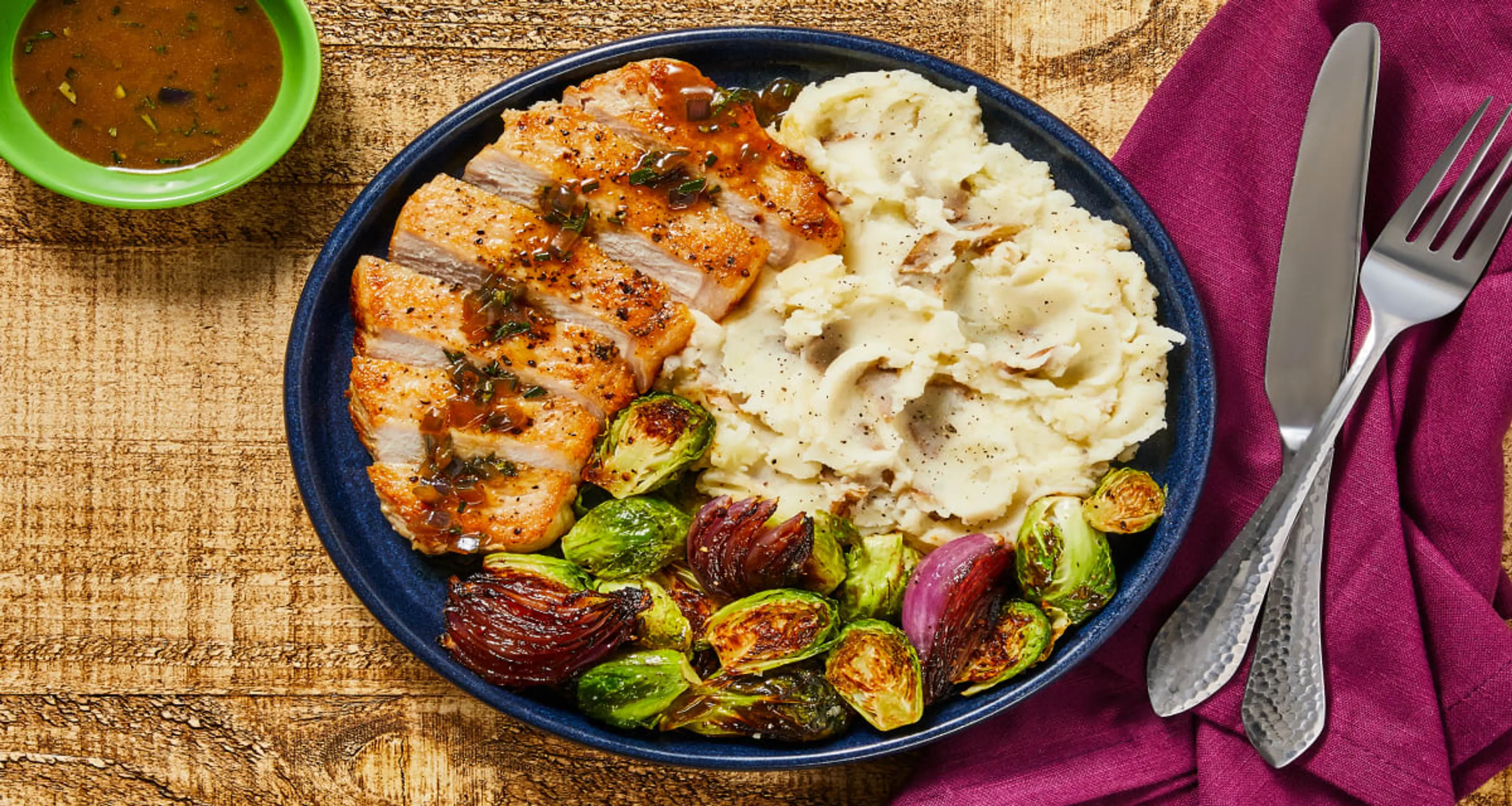 Rosemary Pork Chops with Mashed Potatoes, Brussel Sprouts &