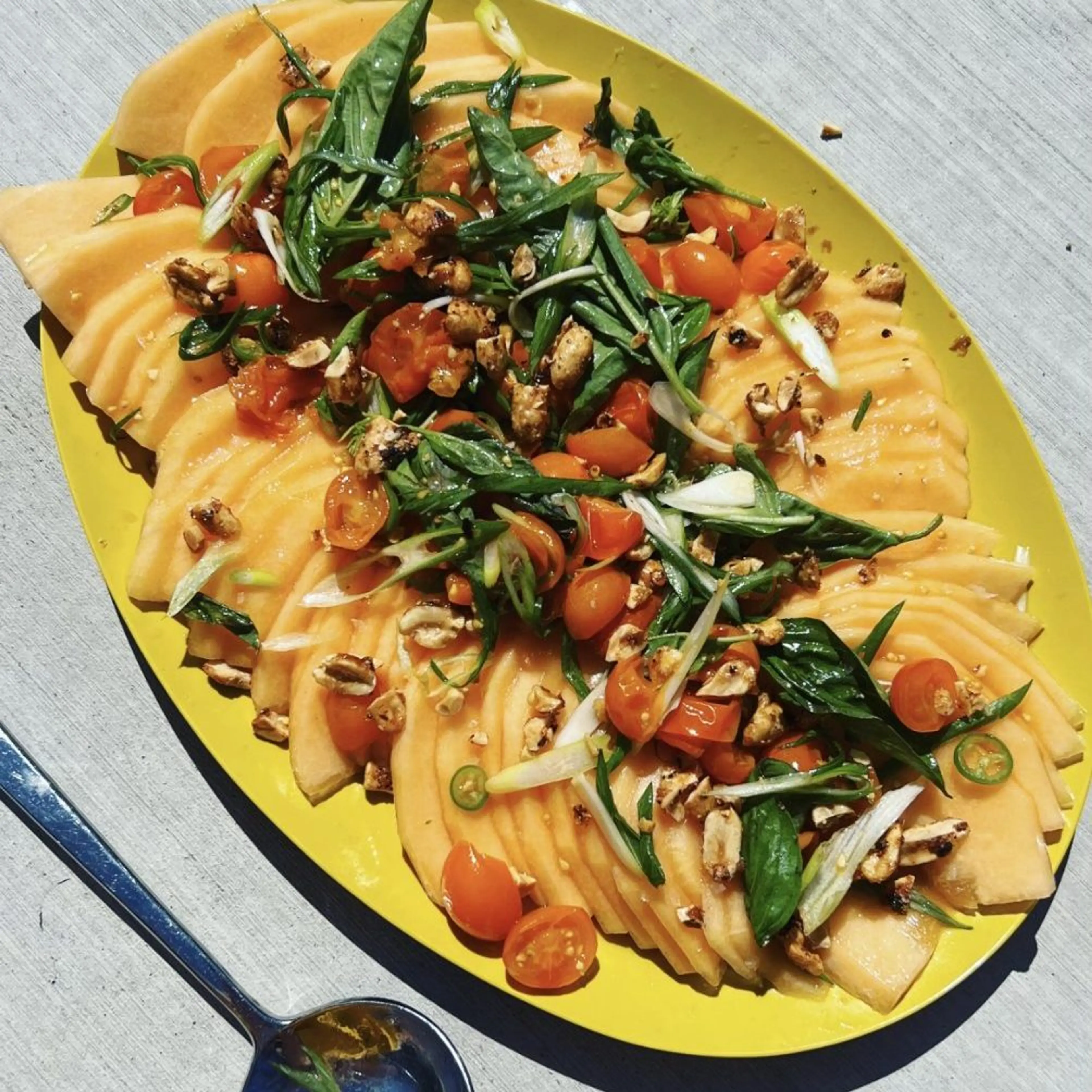 Sweet Melon and Sungold Salad with Candied Peanuts