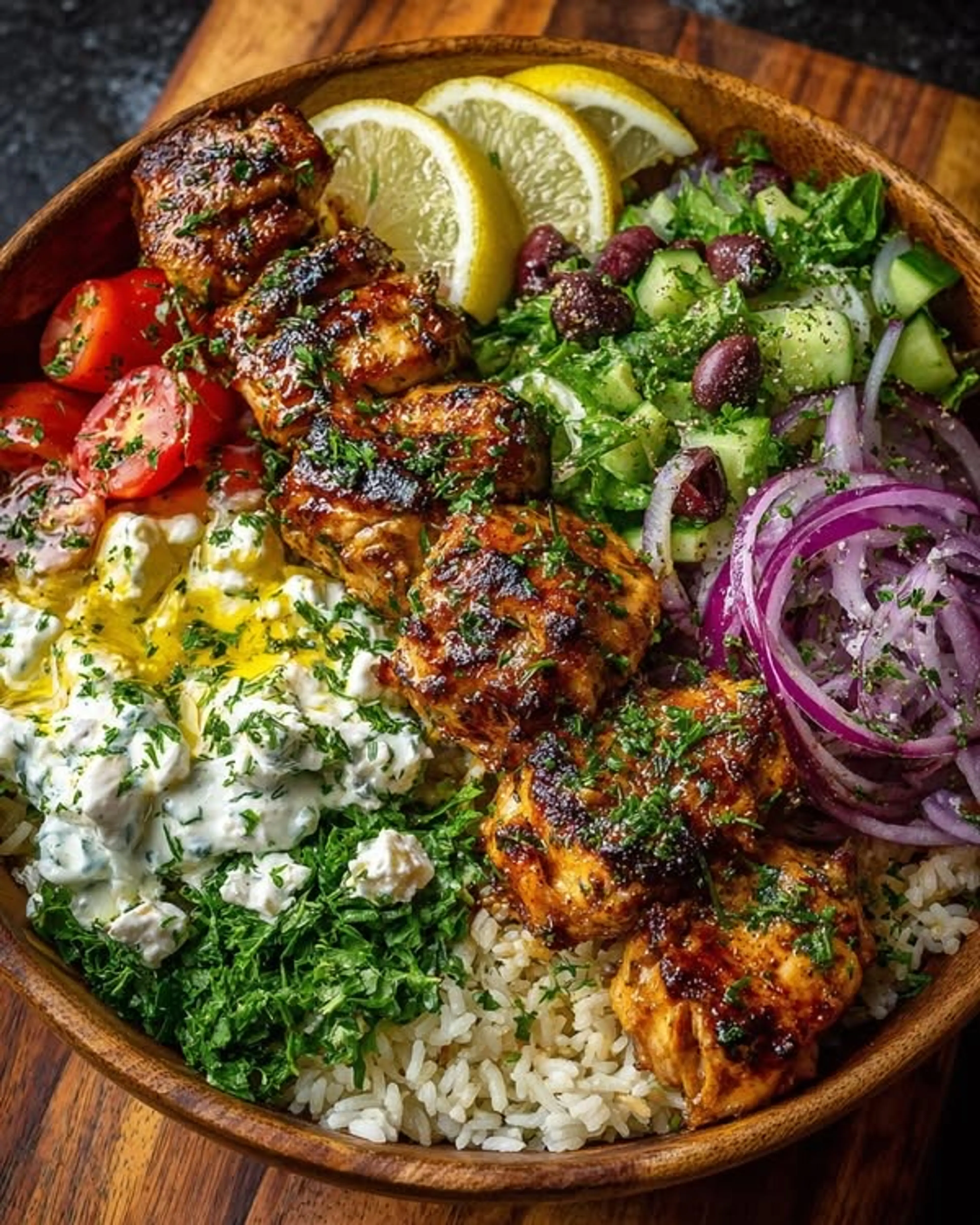 Greek Chicken Souvlaki Bowls with Spicy Garlic Sauce