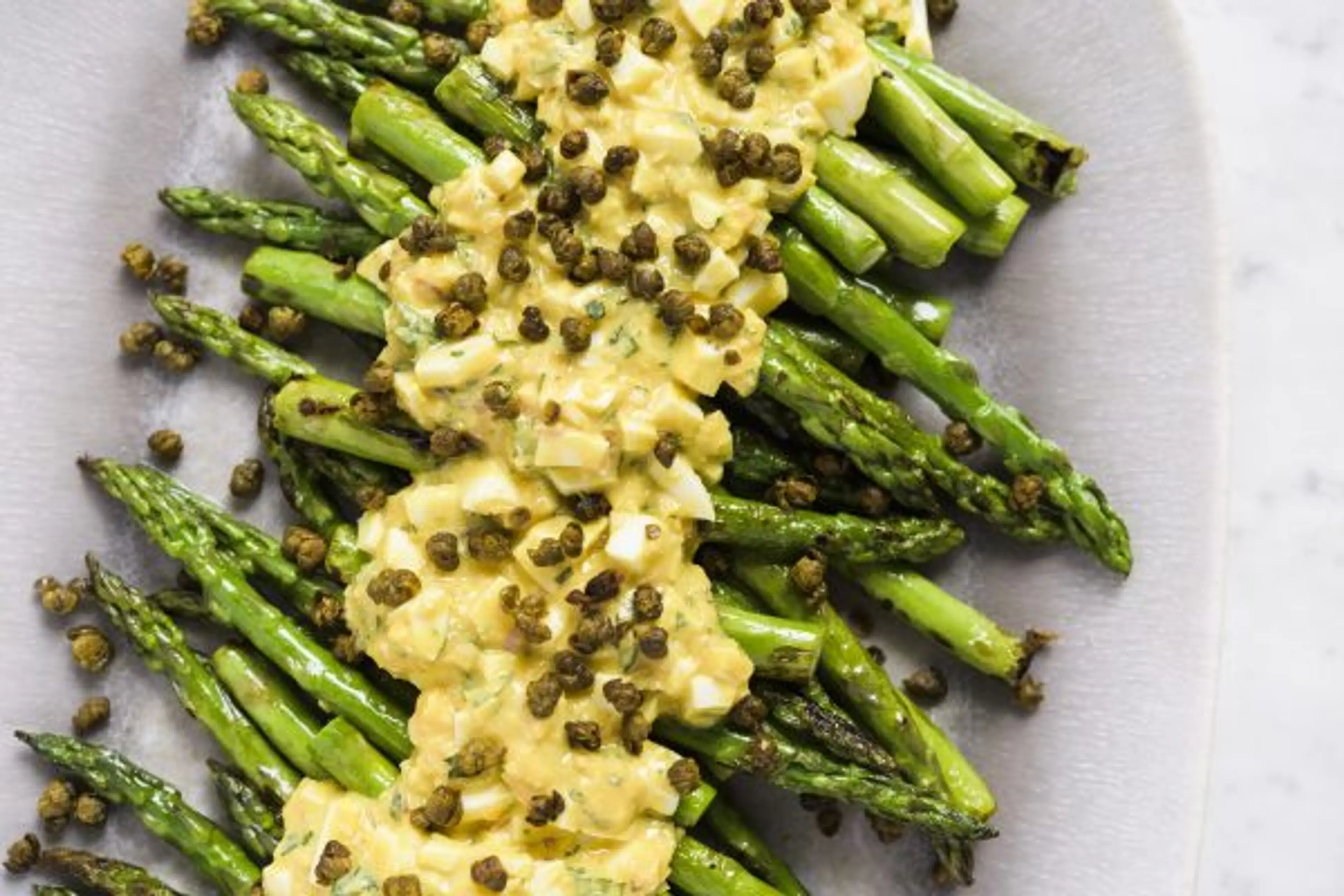 Asparagus with Sauce Gribiche and Fried Capers