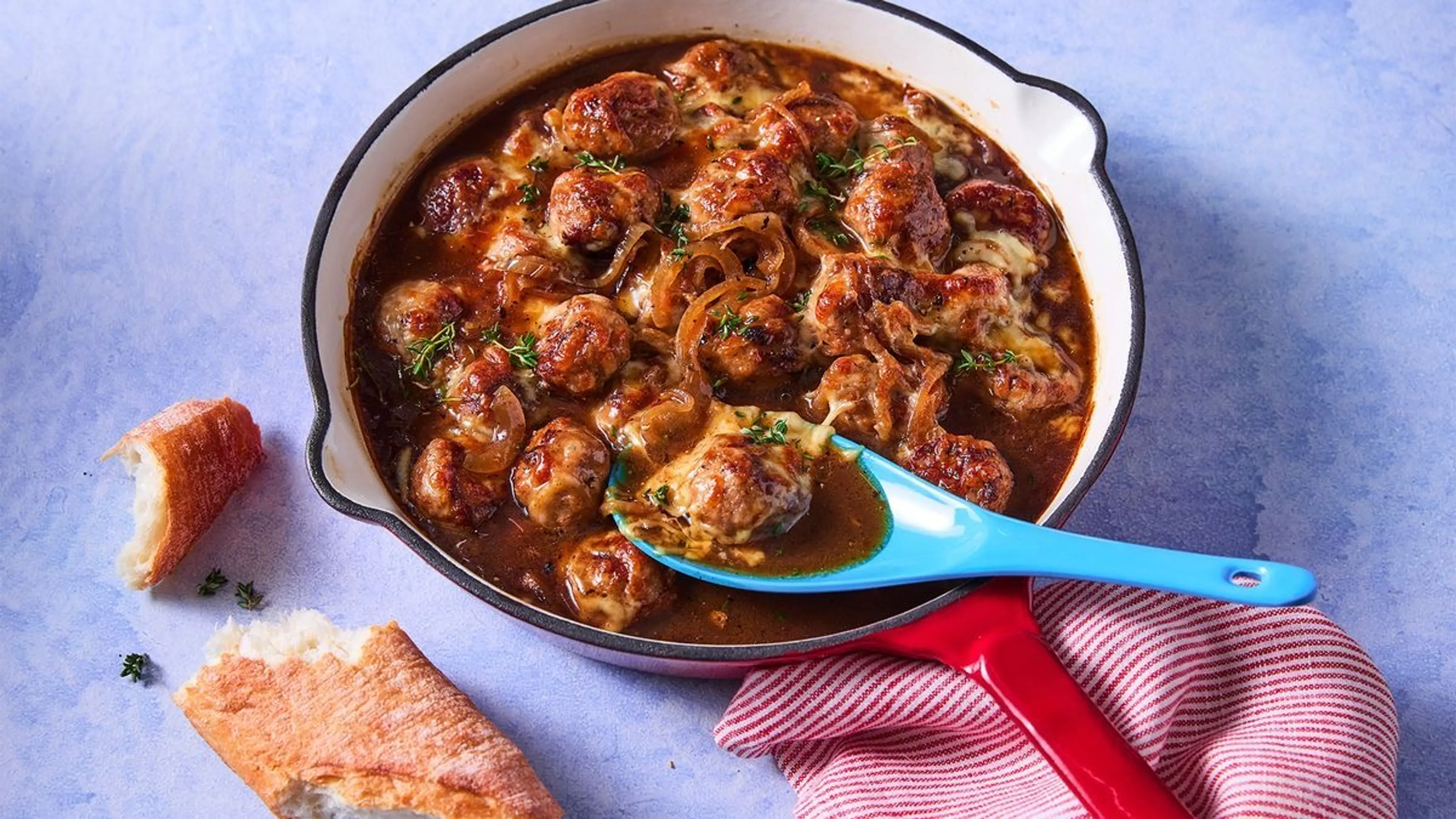 One-pot cheesy French onion meatballs recipe