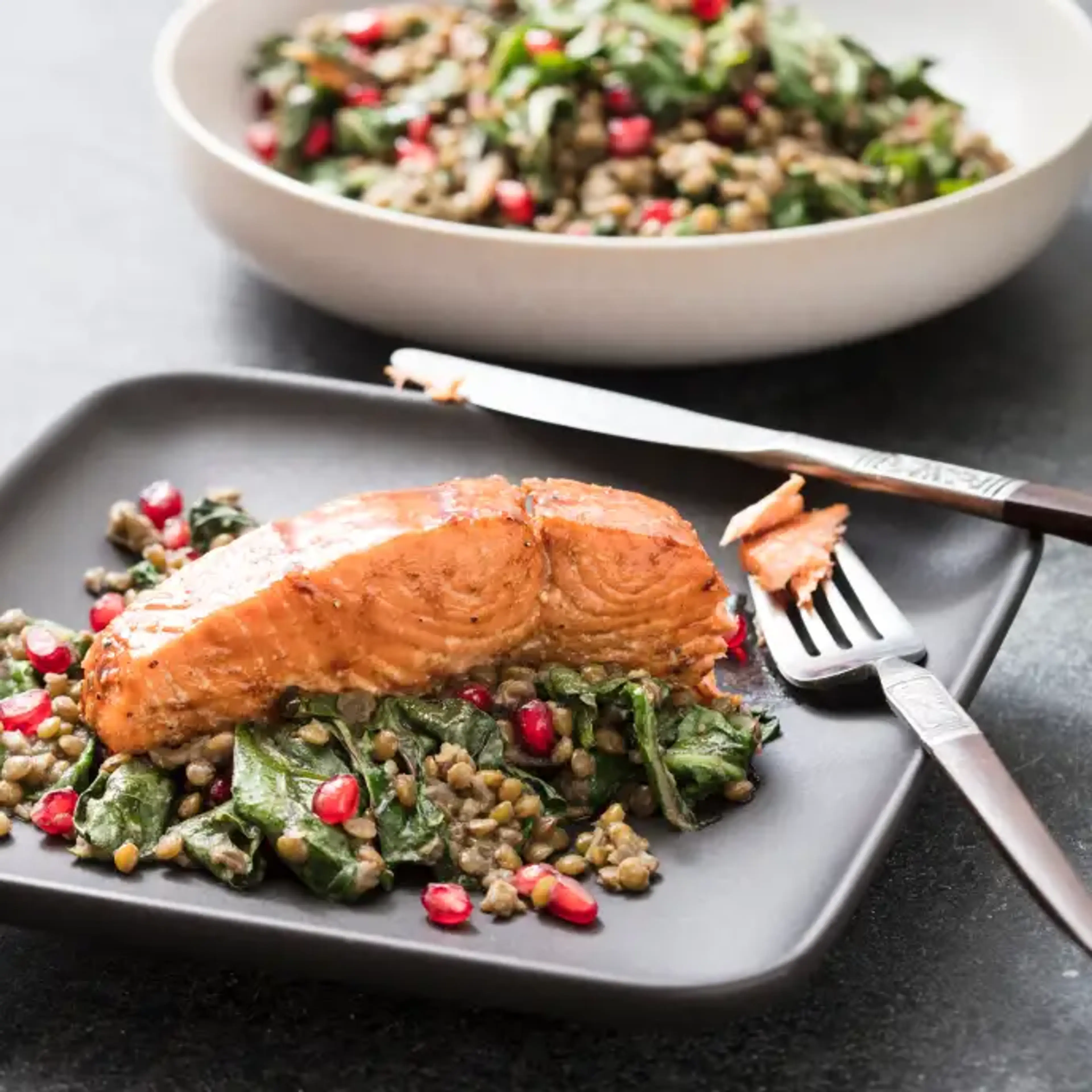 Pomegranate Glazed Salmon with lentils
