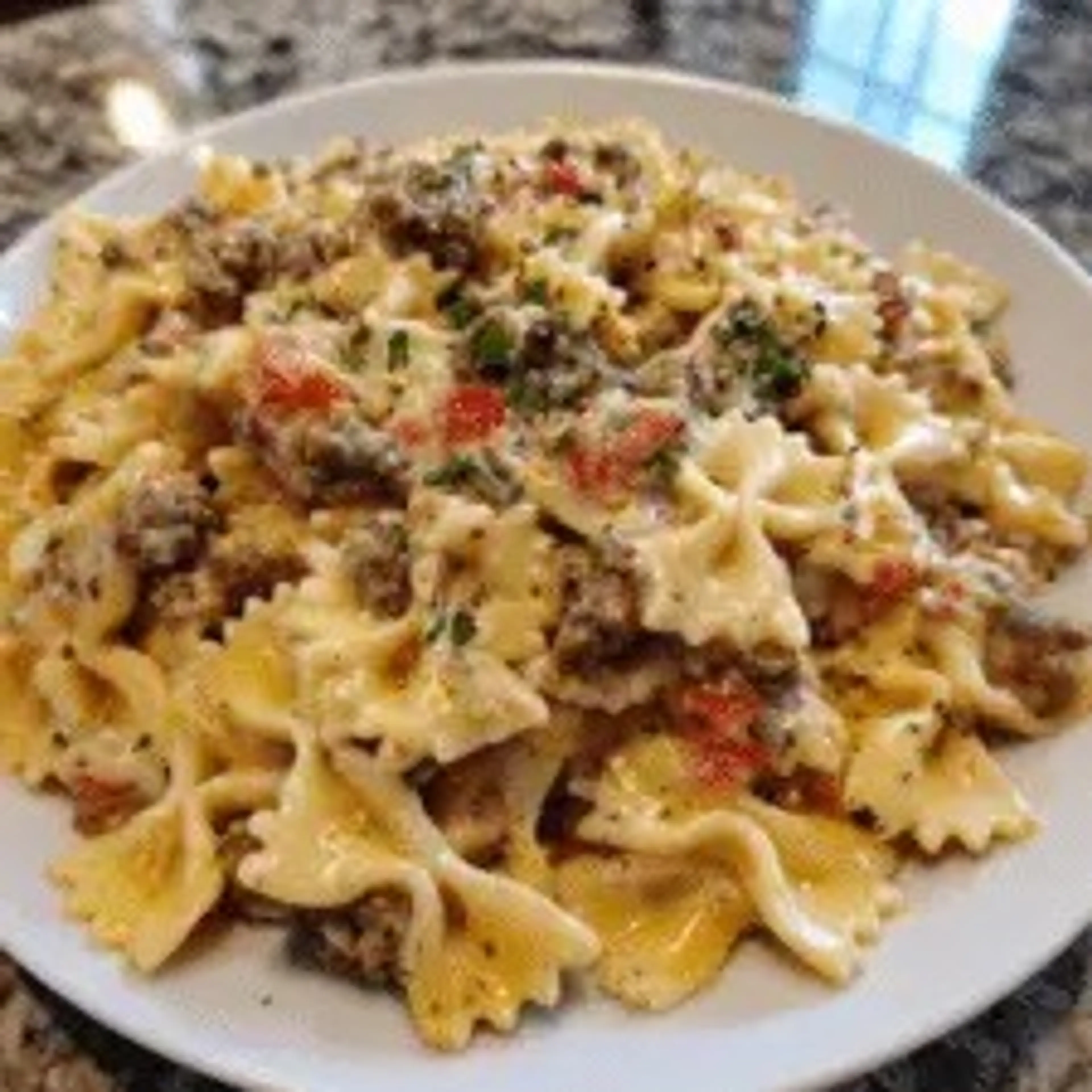 Creamy Ground Beef Bowtie Pasta with Mozzarella and Parmesan