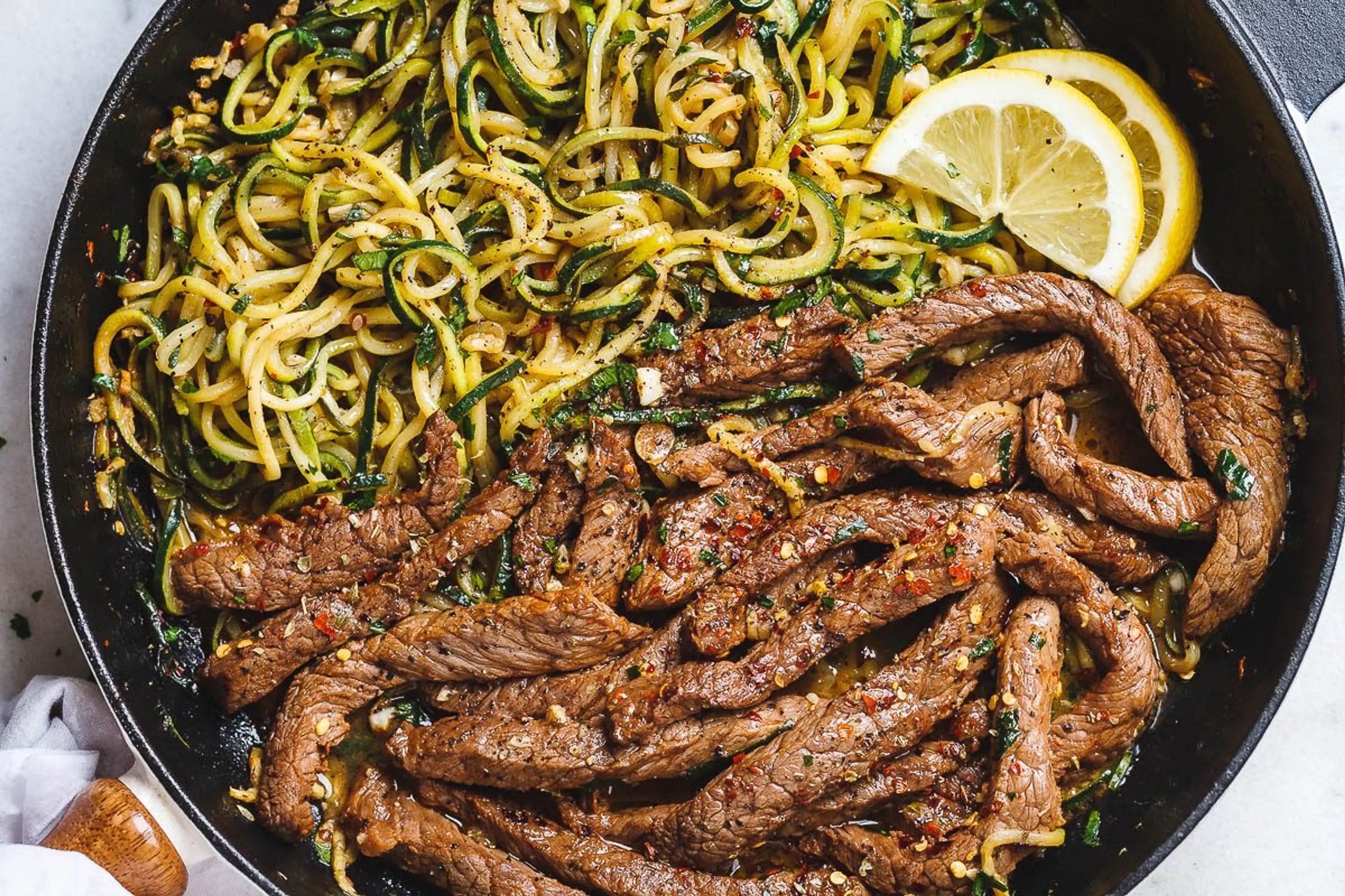 Lemon Garlic Butter Steak with Zucchini Noodles