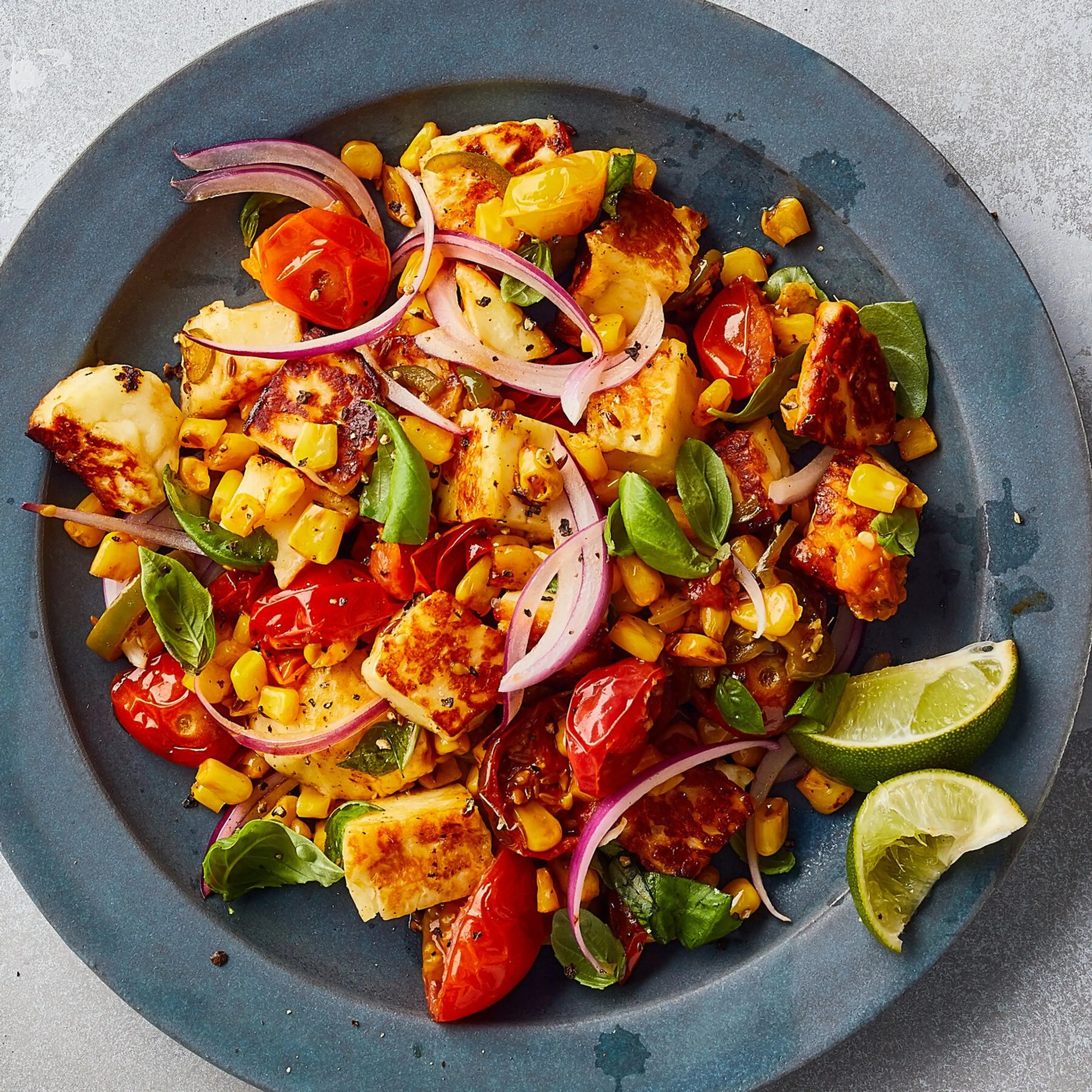 Halloumi With Corn, Cherry Tomatoes and Basil