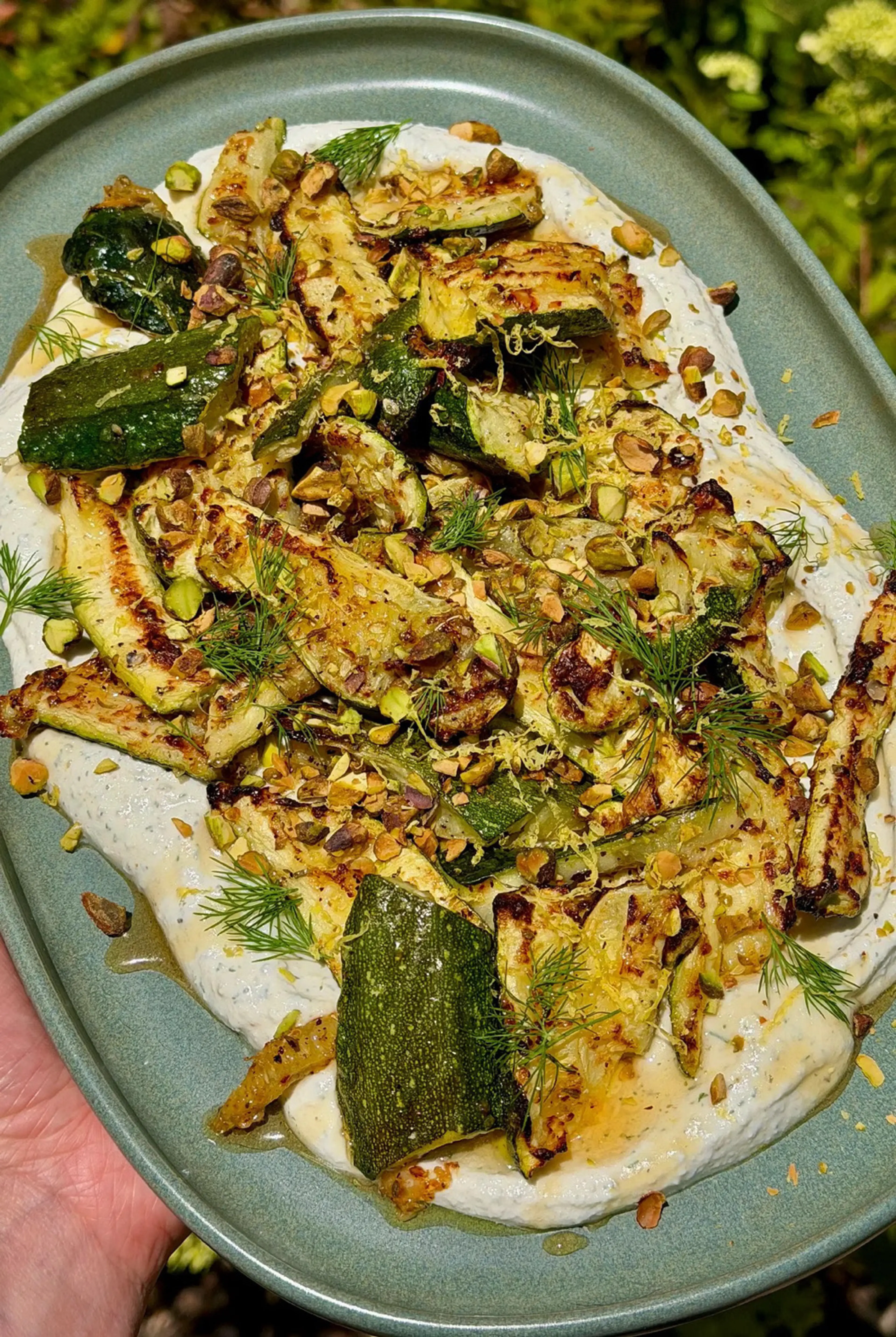Smashed Roasted Zucchini over Lemon & Dill Whipped Feta