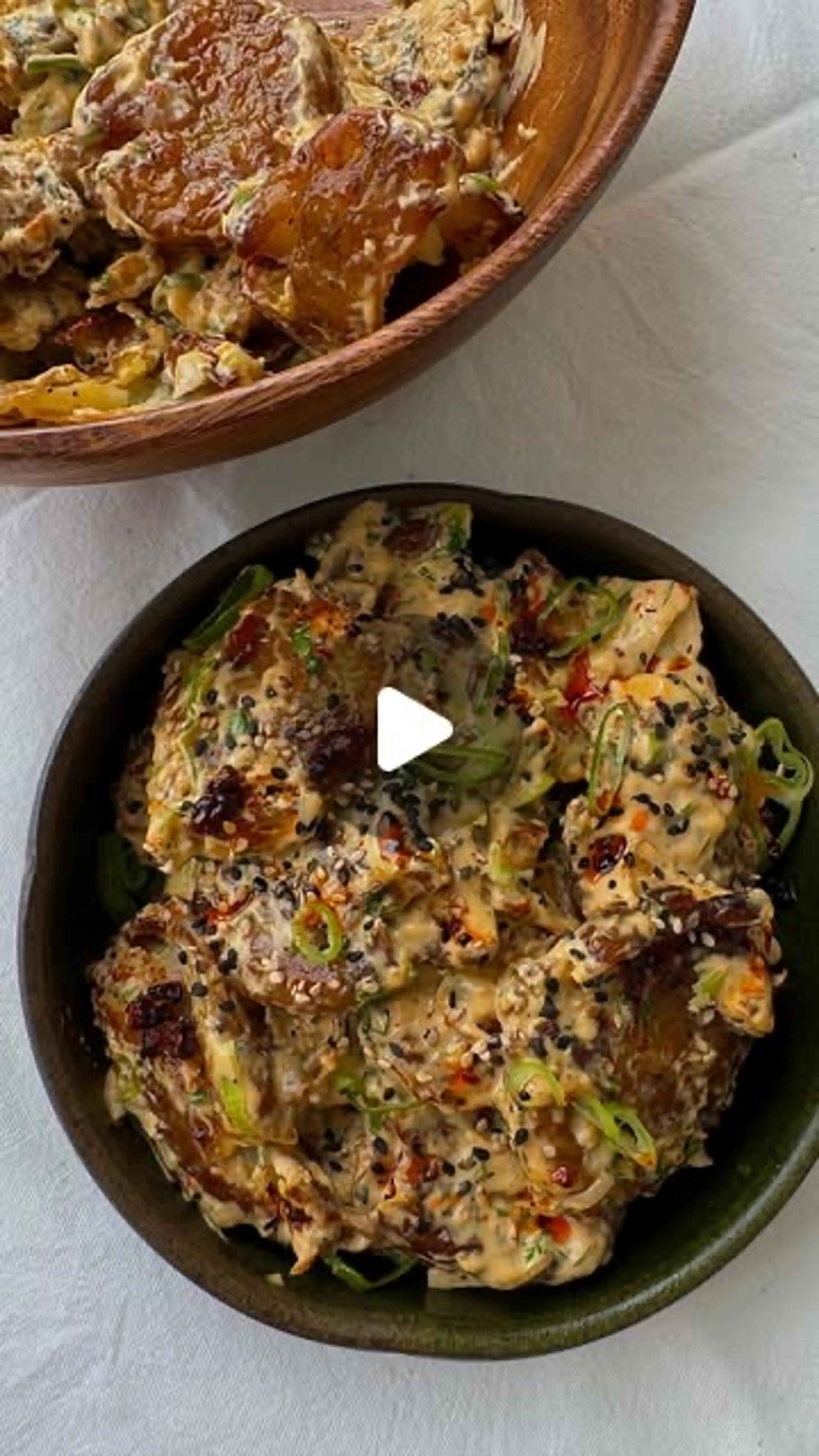 Crispy Smashed Potato Salad + Chilli Crisp Tahini