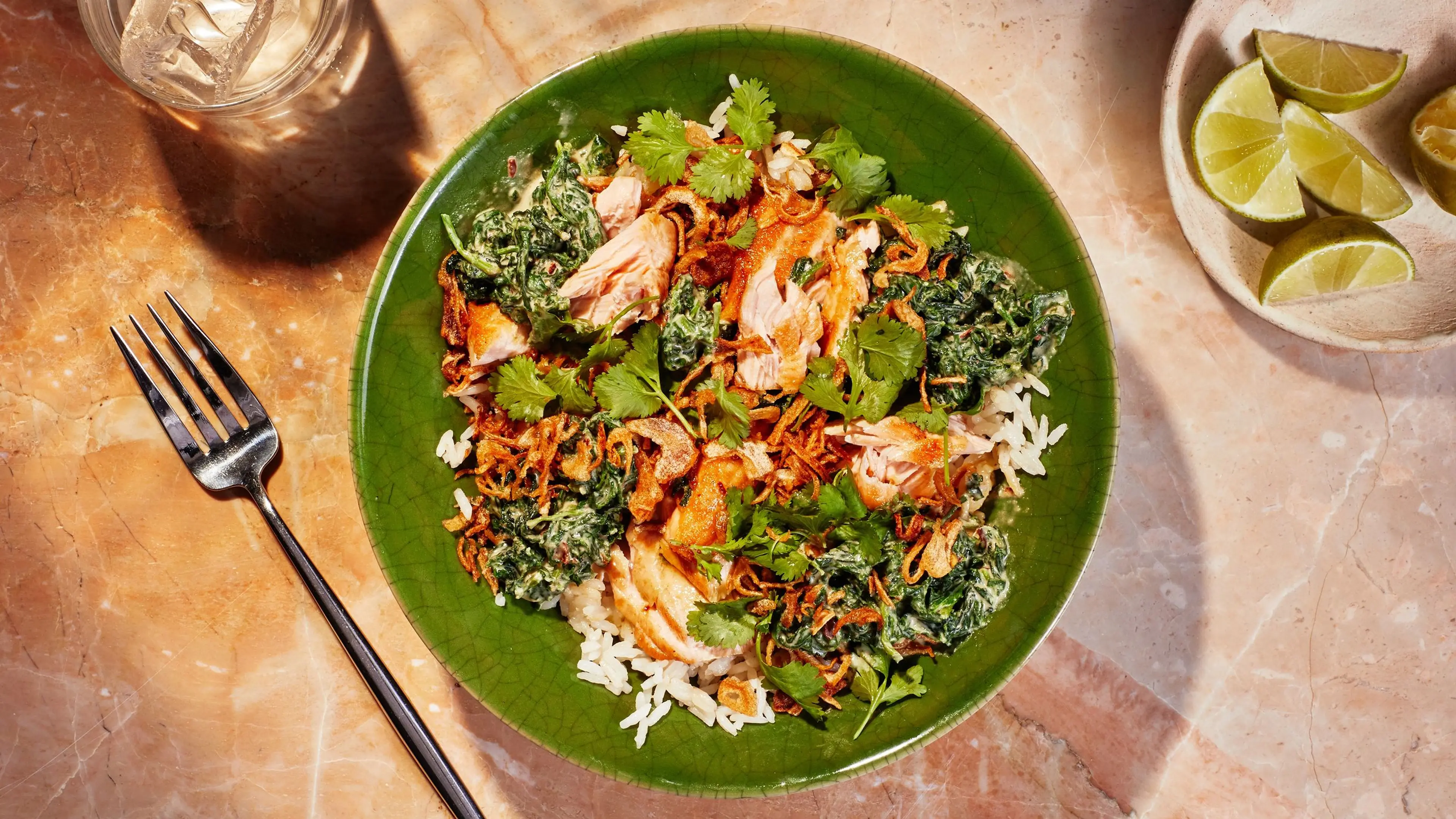 Salmon Rice Bowl With Green Curry Creamed Spinach
