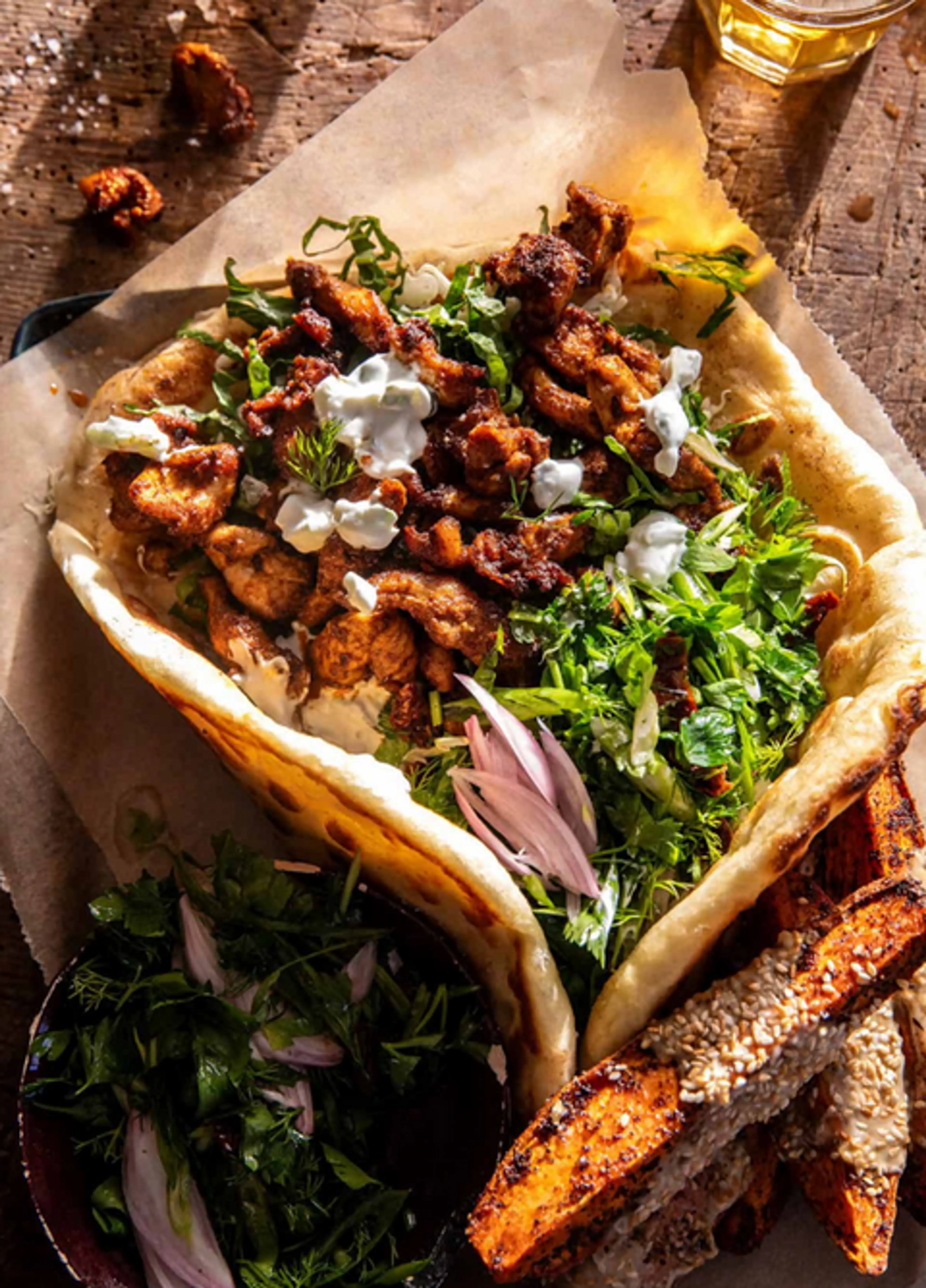 Curry Chicken Gyro and Tahini Sweet Potatoes