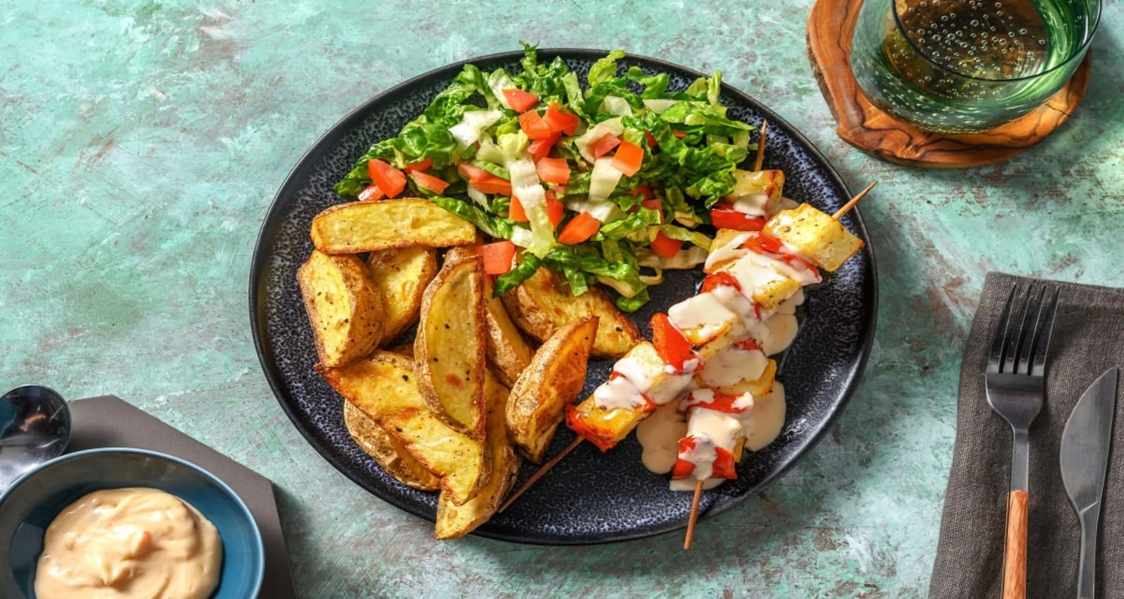 Halloumi Skewers with Spiced Wedges & Salad