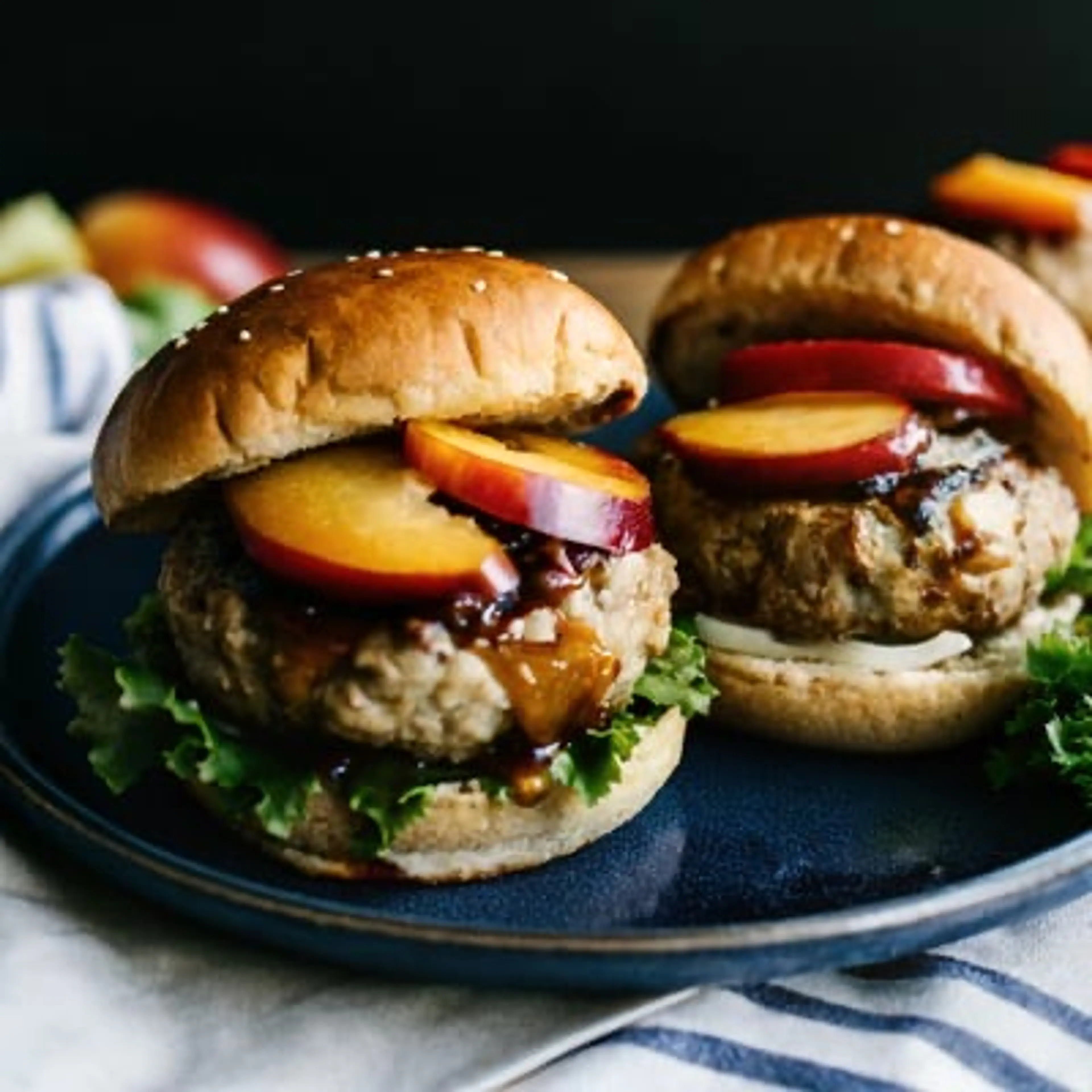 Goat Cheese Stuffed Turkey Burgers with Tangy Peach BBQ Sauc