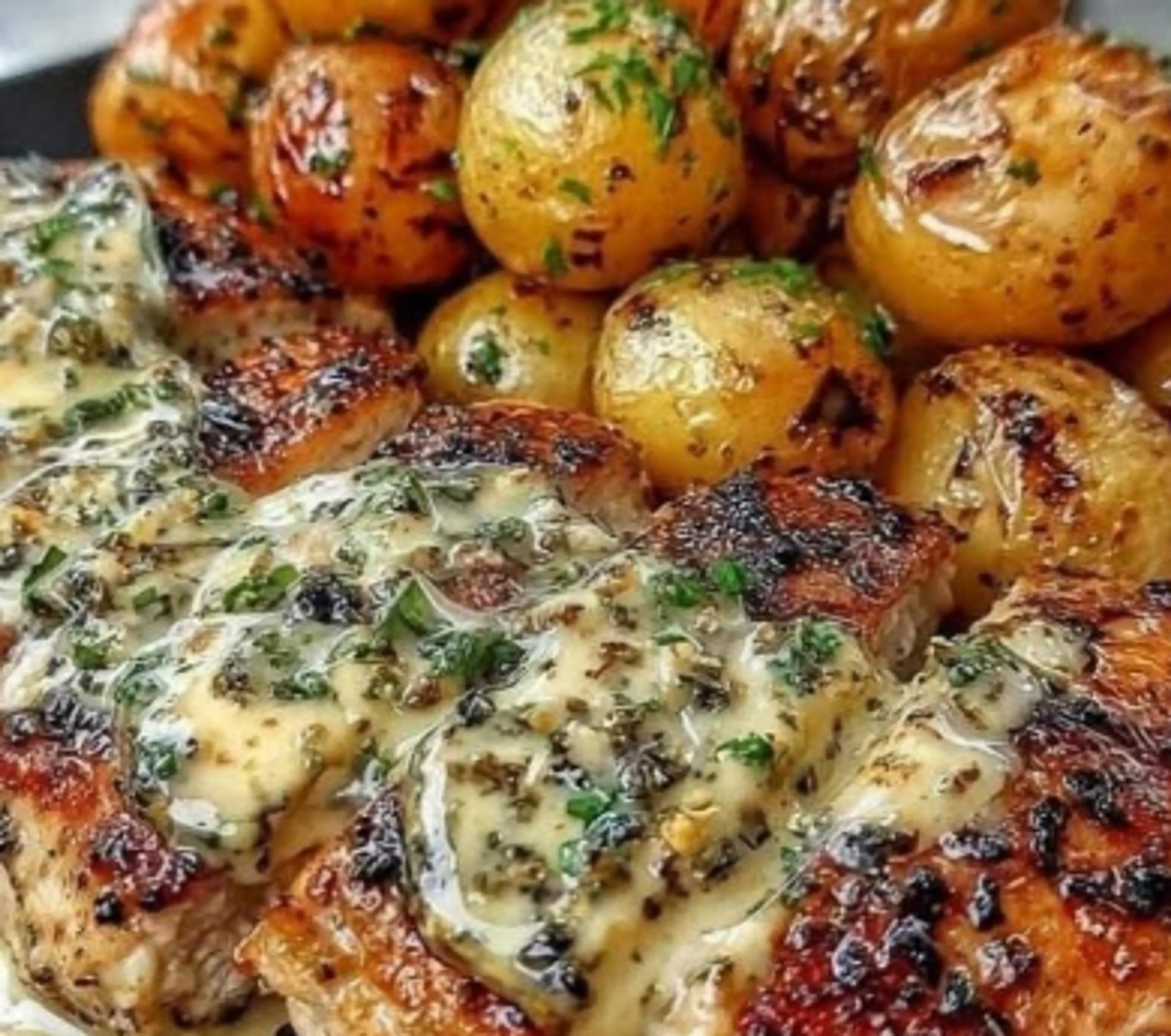 Creamy Garlic Chicken With Roasted Baby Potatoes