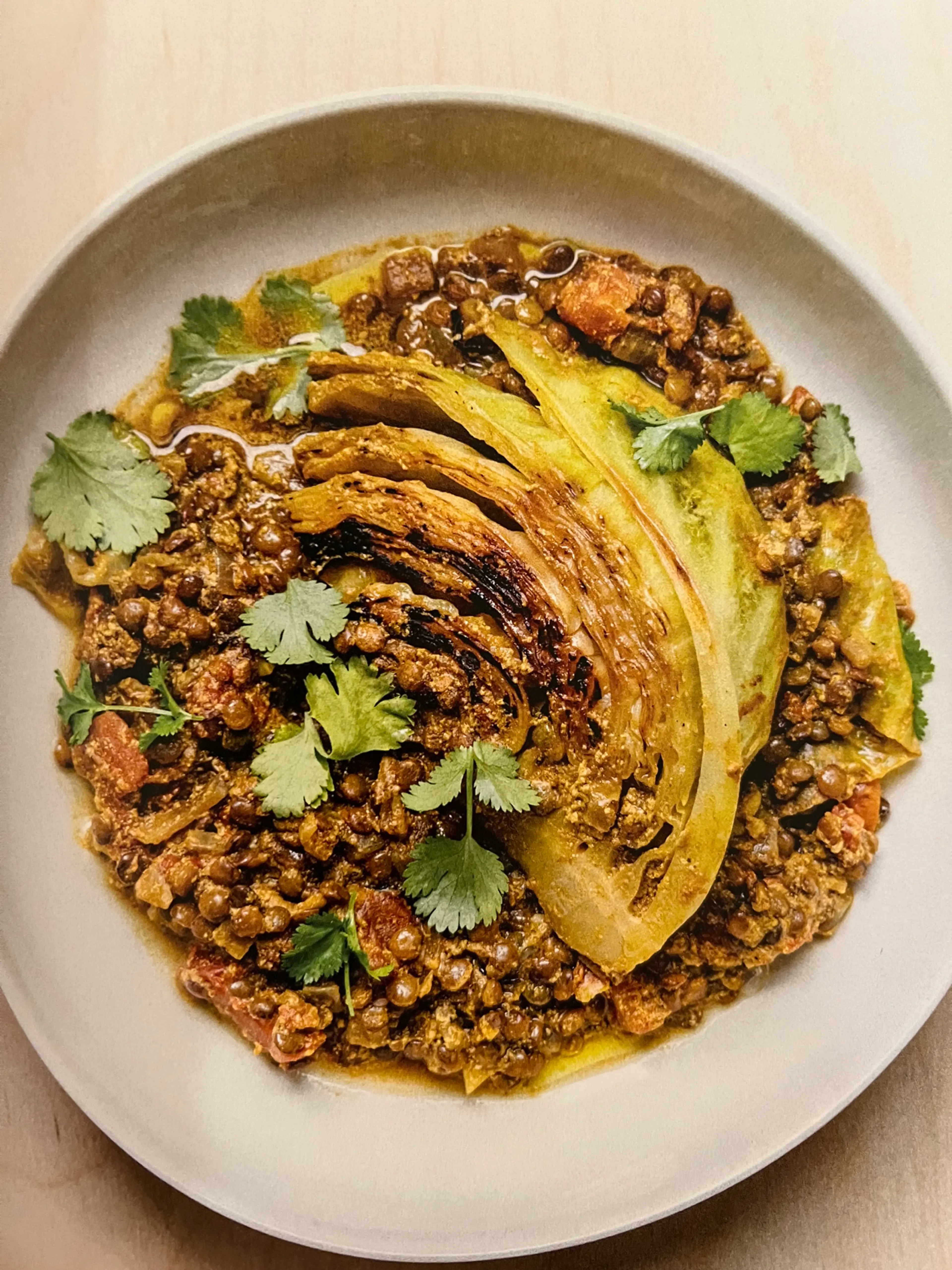 Tomato and Coconut-Braised Cabbage and Lentils