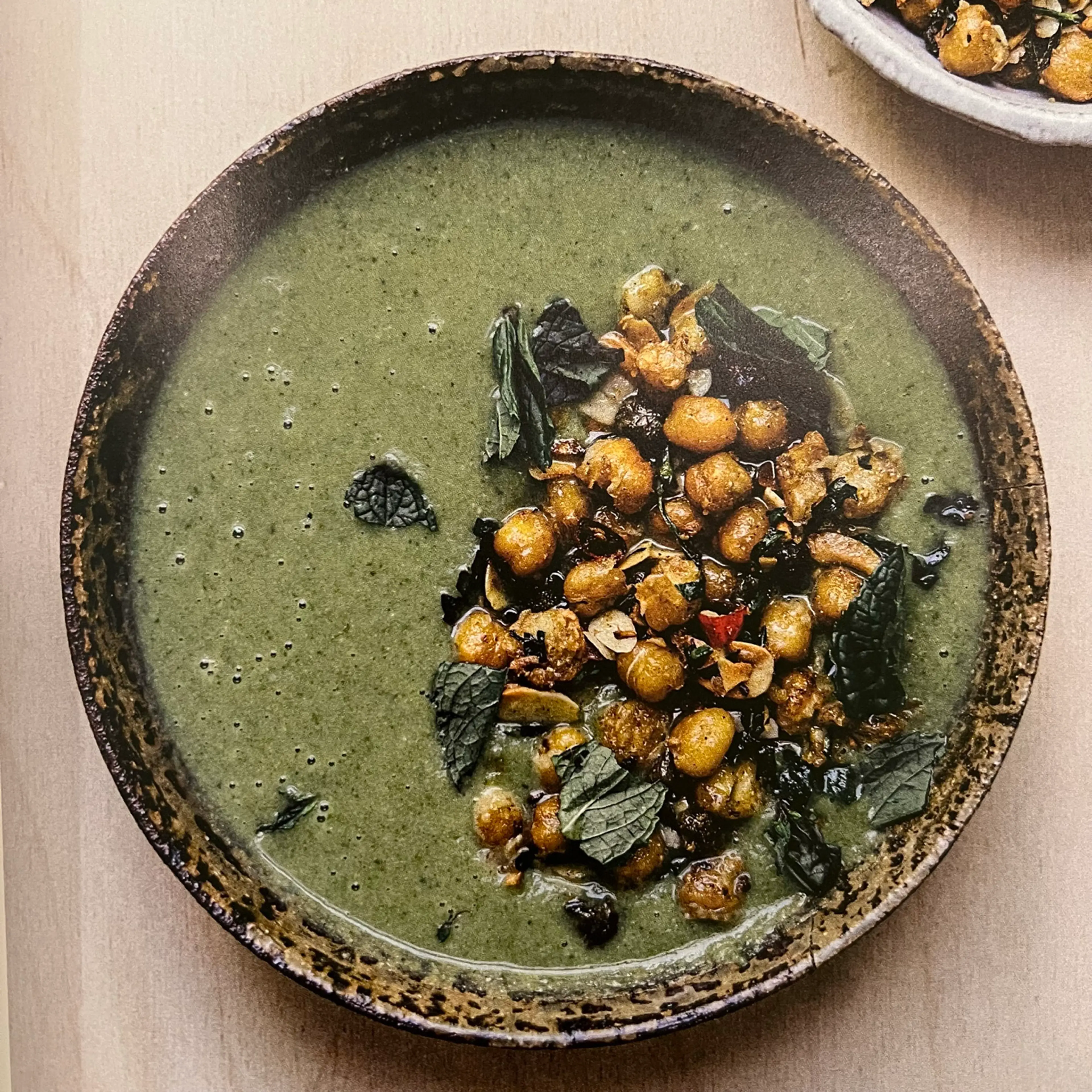 Broccoli and Mint Soup with Spicy Fried Chickpeas