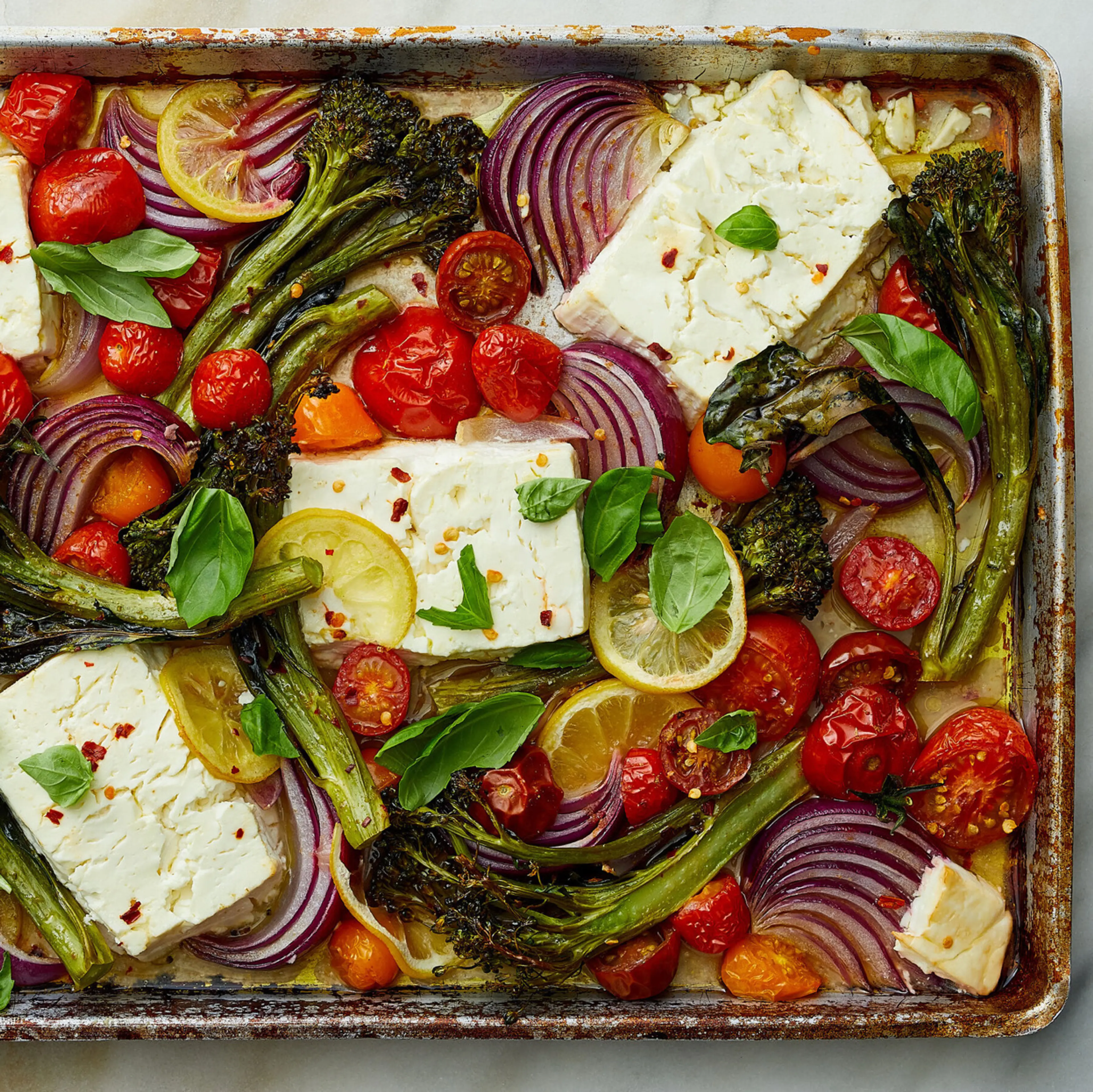 Sheet-Pan Baked Feta With Broccolini, Tomatoes and Lemon